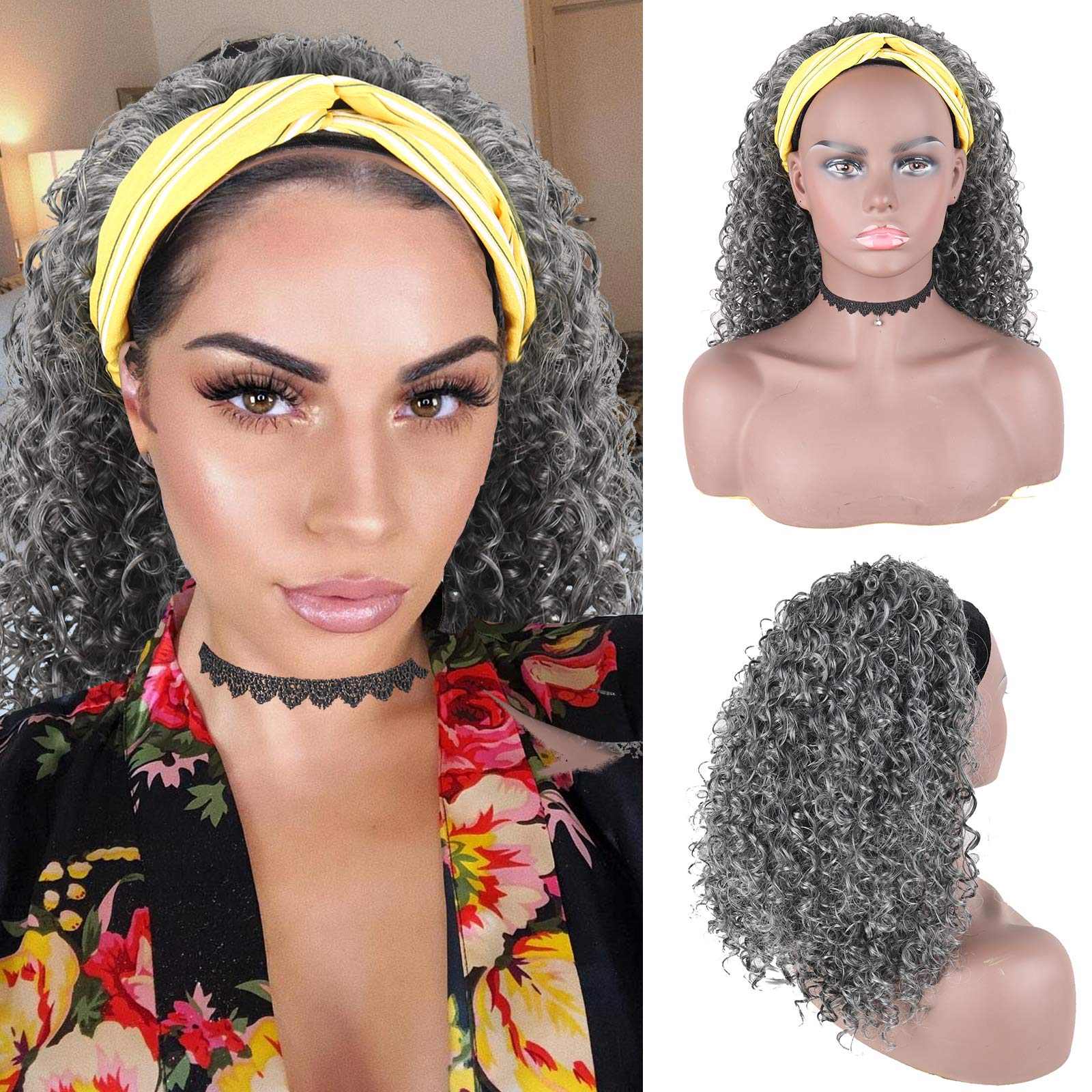 Short Afro Kinky Curly Grey Headband Wig for Black Women - 16inch Synthetic Curly Headband Wig with Attached Scarf (1B/Grey) | Perfect for Daily Wear, Cosplay, and Protective Styling
