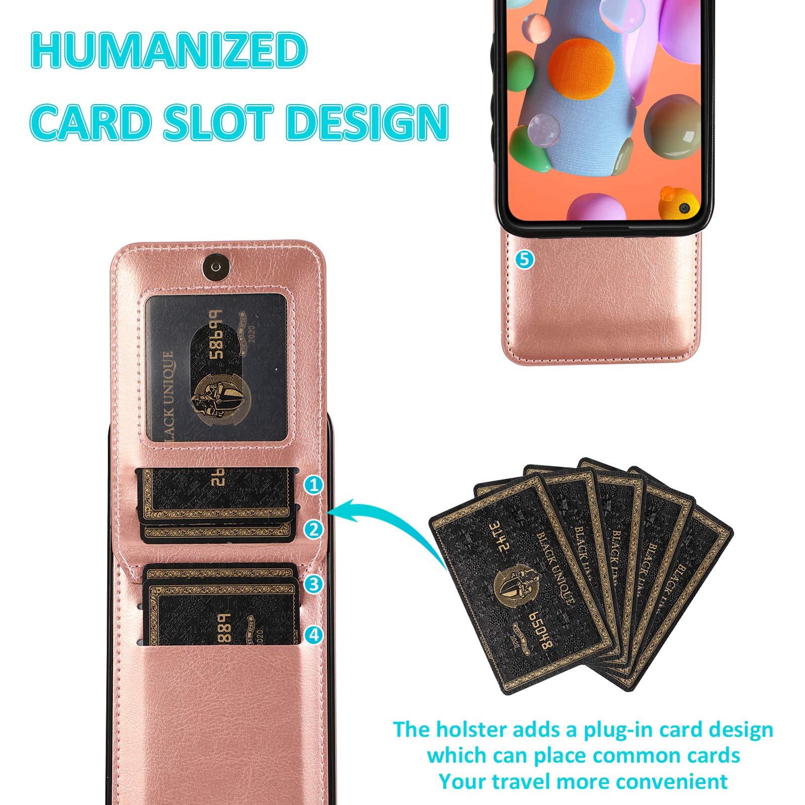 Premium Leather Wallet Phone Case for Samsung Galaxy A11 with Built-in Card Holder & Stand | Tempered Glass Screen Protector Included | Women's Rose Gold Design | Perfect for Everyday Use, Travel & Hands-Free Viewing