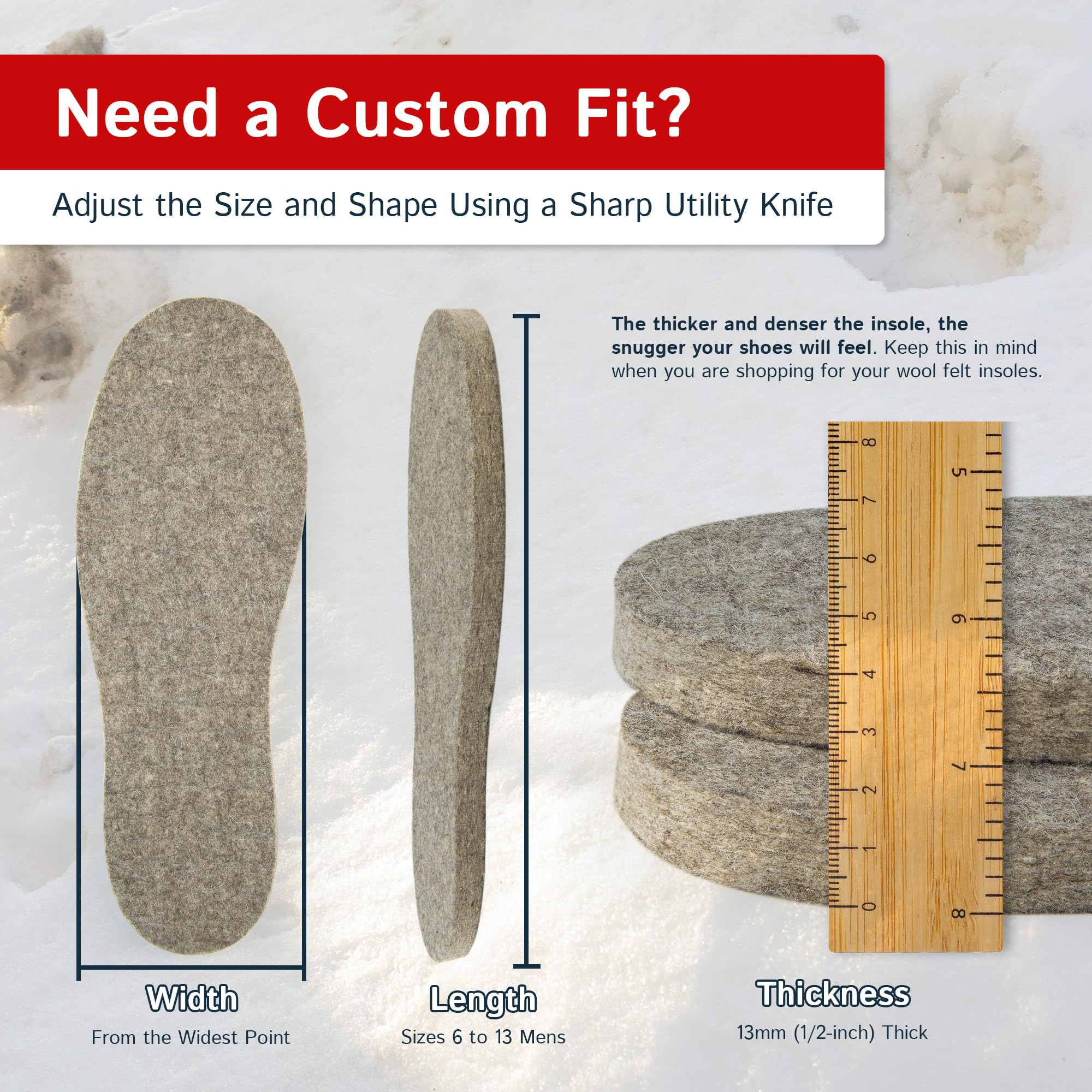 Premium Wool Felt Insoles for Men & Women - 13mm Thick Cushioned Shoe Inserts - Breathable & Durable for Winter Boots, Work Shoes & Outdoor Activities - All-Day Comfort for Hiking, Office & Cold Weather Wear