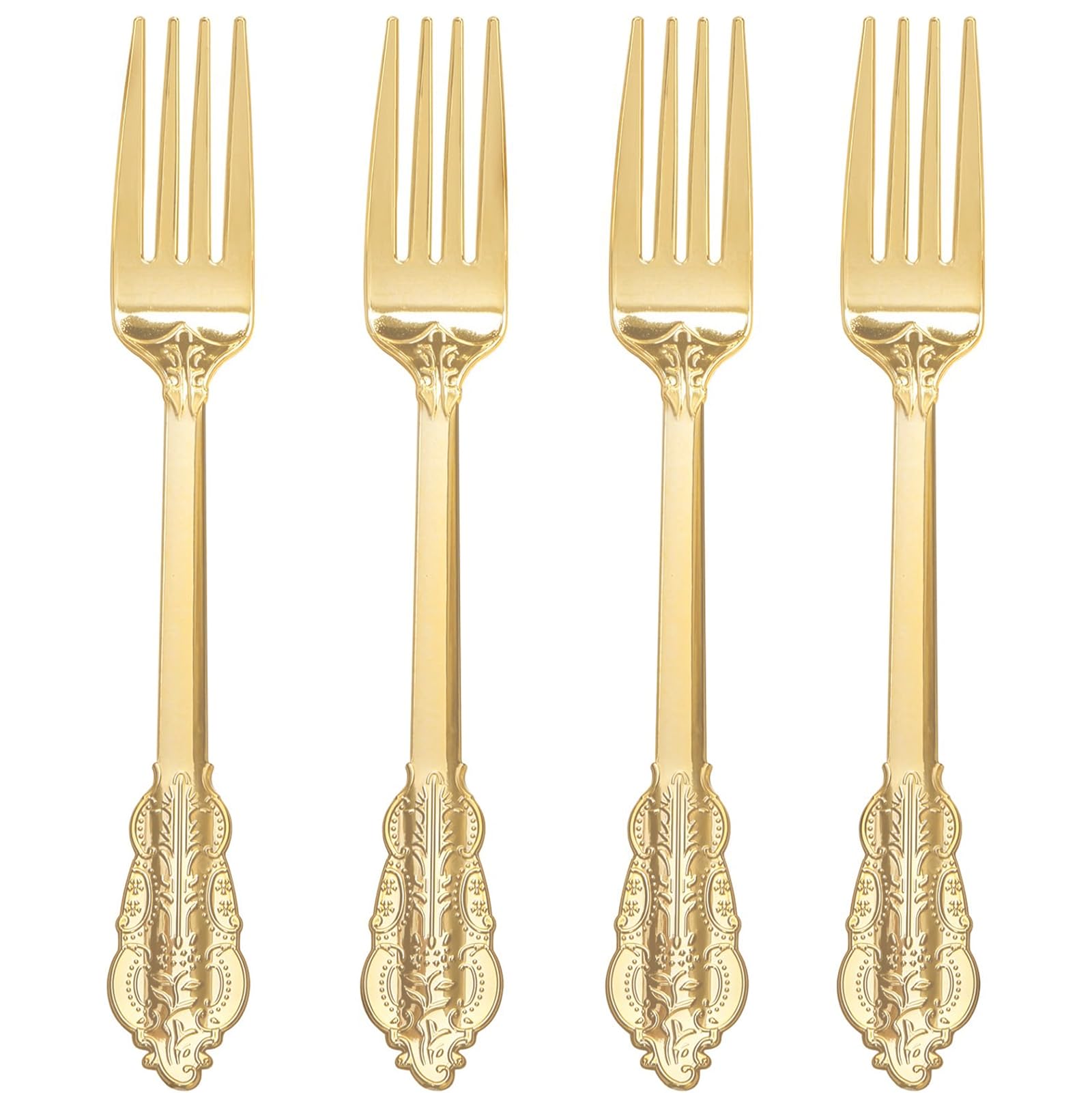 100-Piece Gold Plastic Forks Disposable - 7.48 Inch Elegant Baroque Silverware for Dessert, Cake, Party & Wedding - Heavy Duty Disposable Cutlery for Catering, Picnics & Daily Use