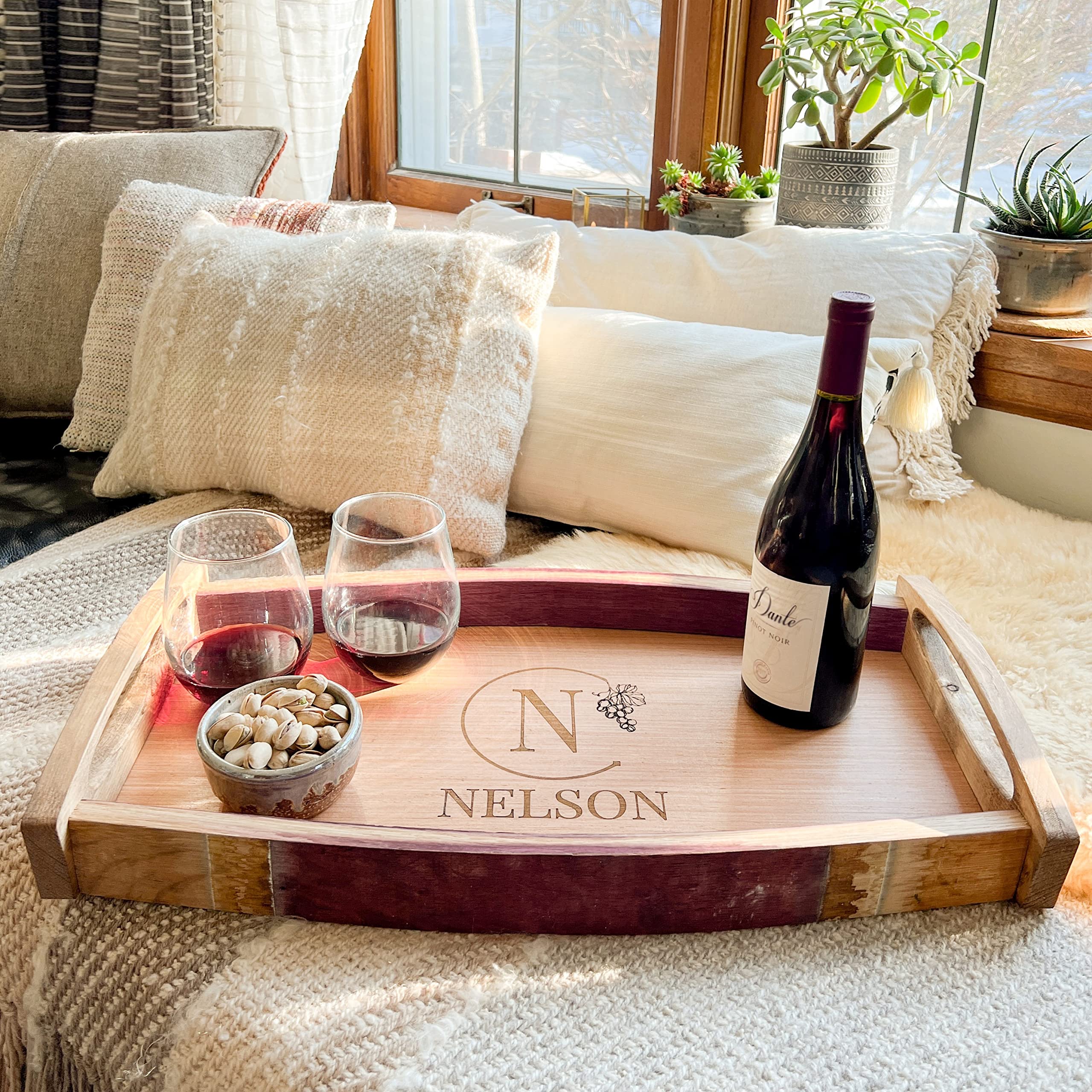 Handmade Personalized Wine Barrel Serving Tray with Hanging Grapes Design - Rustic Charcuterie Board for Wine & Cheese Parties, Wedding Gifts, Home Decor
