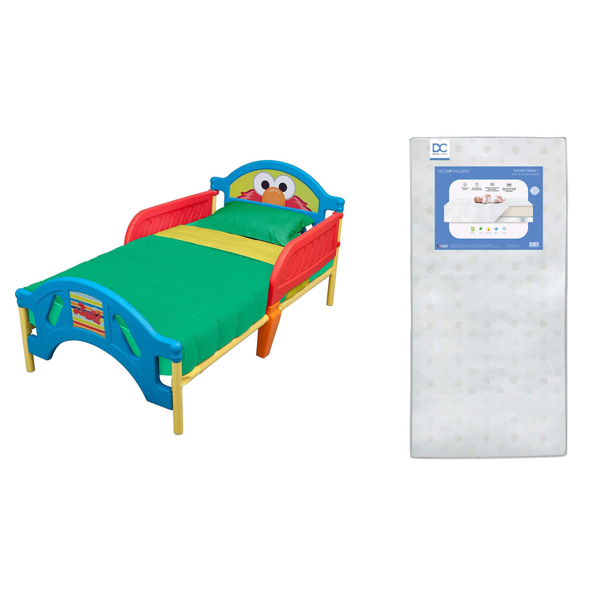 Delta Children Sesame Street Plastic Toddler Bed with Twinkle Galaxy Dual-Sided Recycled Fiber Core Mattress Set – Perfect for Preschoolers' Bedroom & Daycare Centers