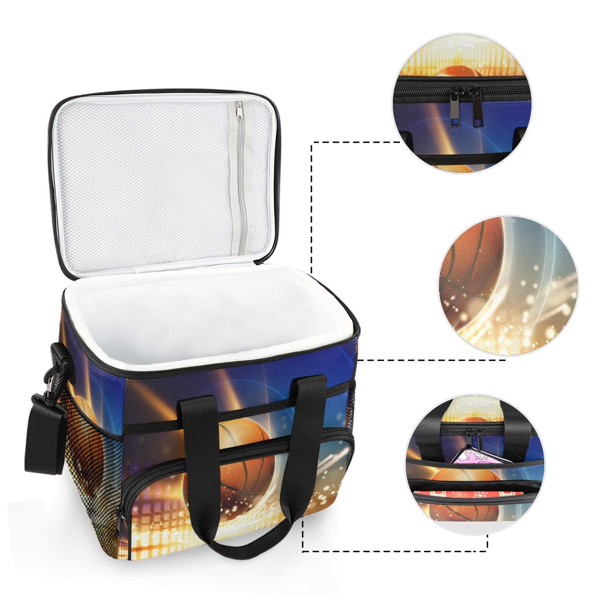 Leakproof Reusable Insulated Lunch Cooler Bag with Detachable Shoulder Strap - Perfect for School, Work, Picnic, Beach & Sports | Basketball Fan Design | Keeps Food Fresh for Hours