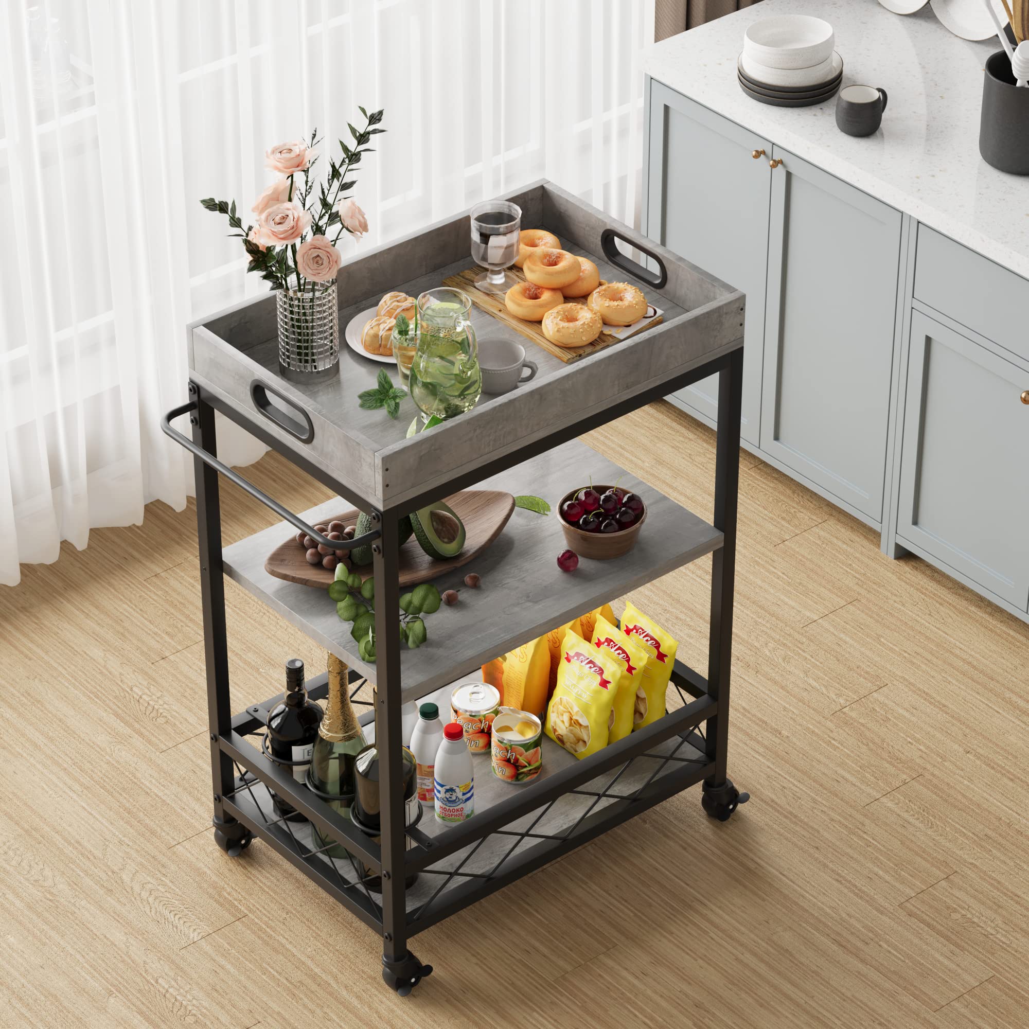 GARVEE 3-Tier Rolling Bar Cart with Wine Rack & Locking Wheels - Grey | Mobile Serving Cart for Kitchen, Dining Room & Outdoor Entertaining