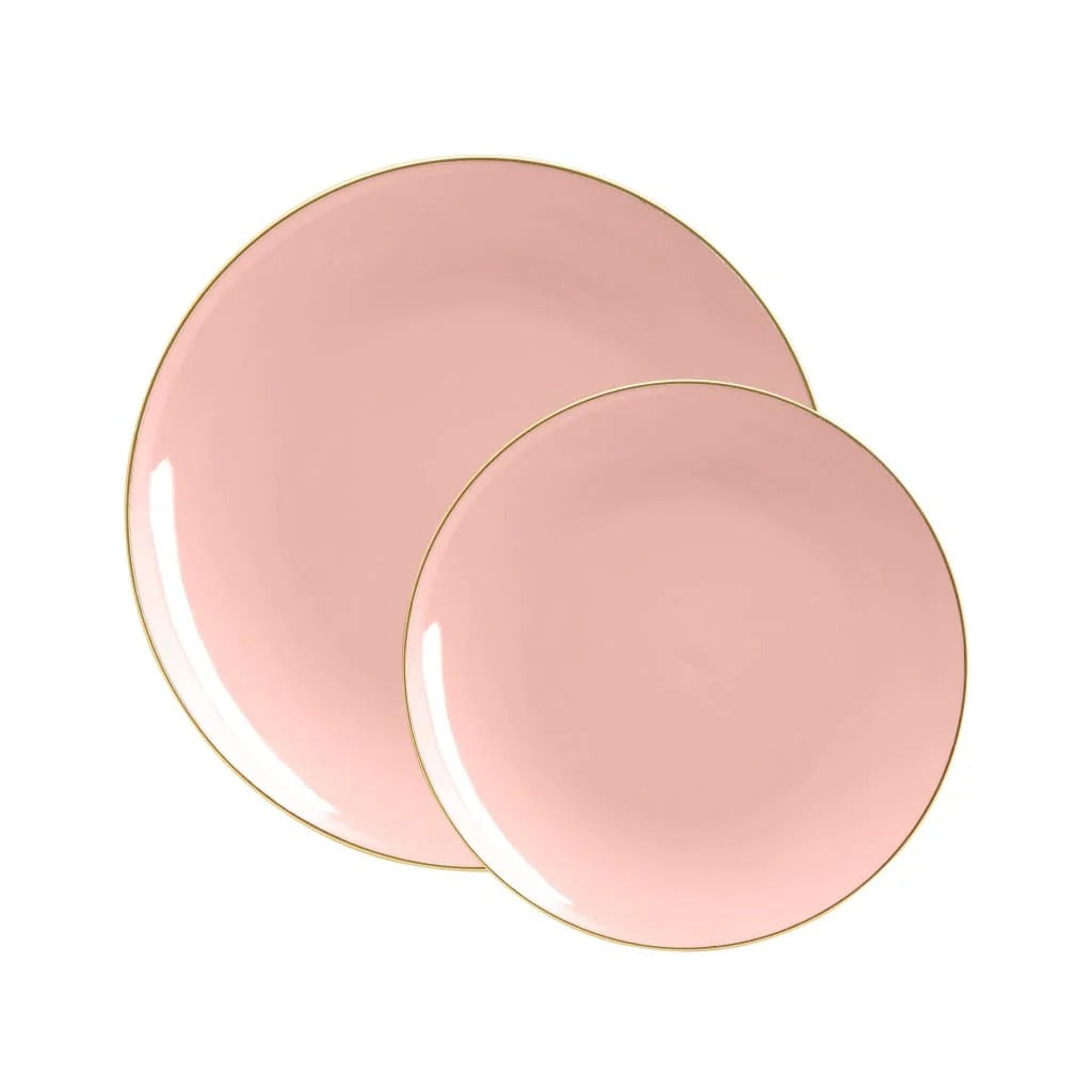 Elegant Coral & Gold Rim Round Plastic Plates - Organic & Eco-Friendly Disposable Dinnerware for Parties, Picnics, and Outdoor Events