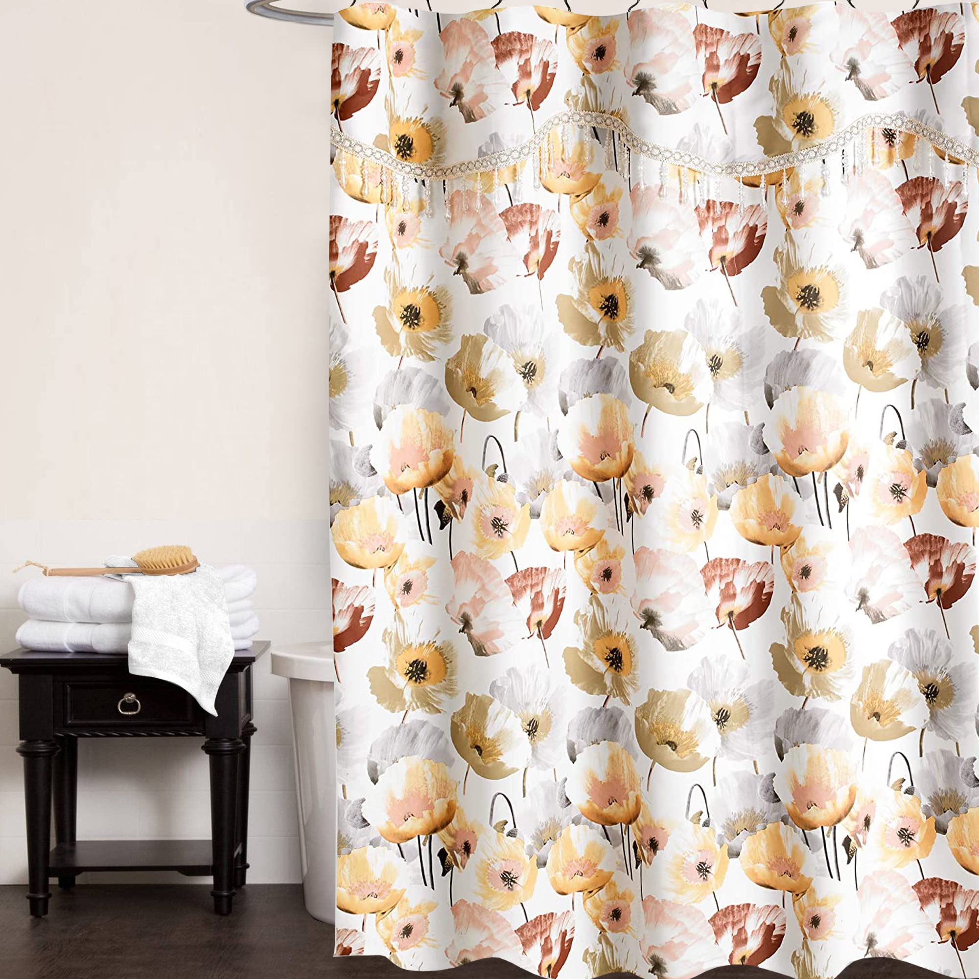 Zahari Home 13-Piece Poppy Fields Bathroom Shower Curtain Set - Yellow Floral Shower Curtain with 12 Hooks, Luxury Modern Design for Bathroom Decor - Perfect for Home, Apartment, and Hotel Use