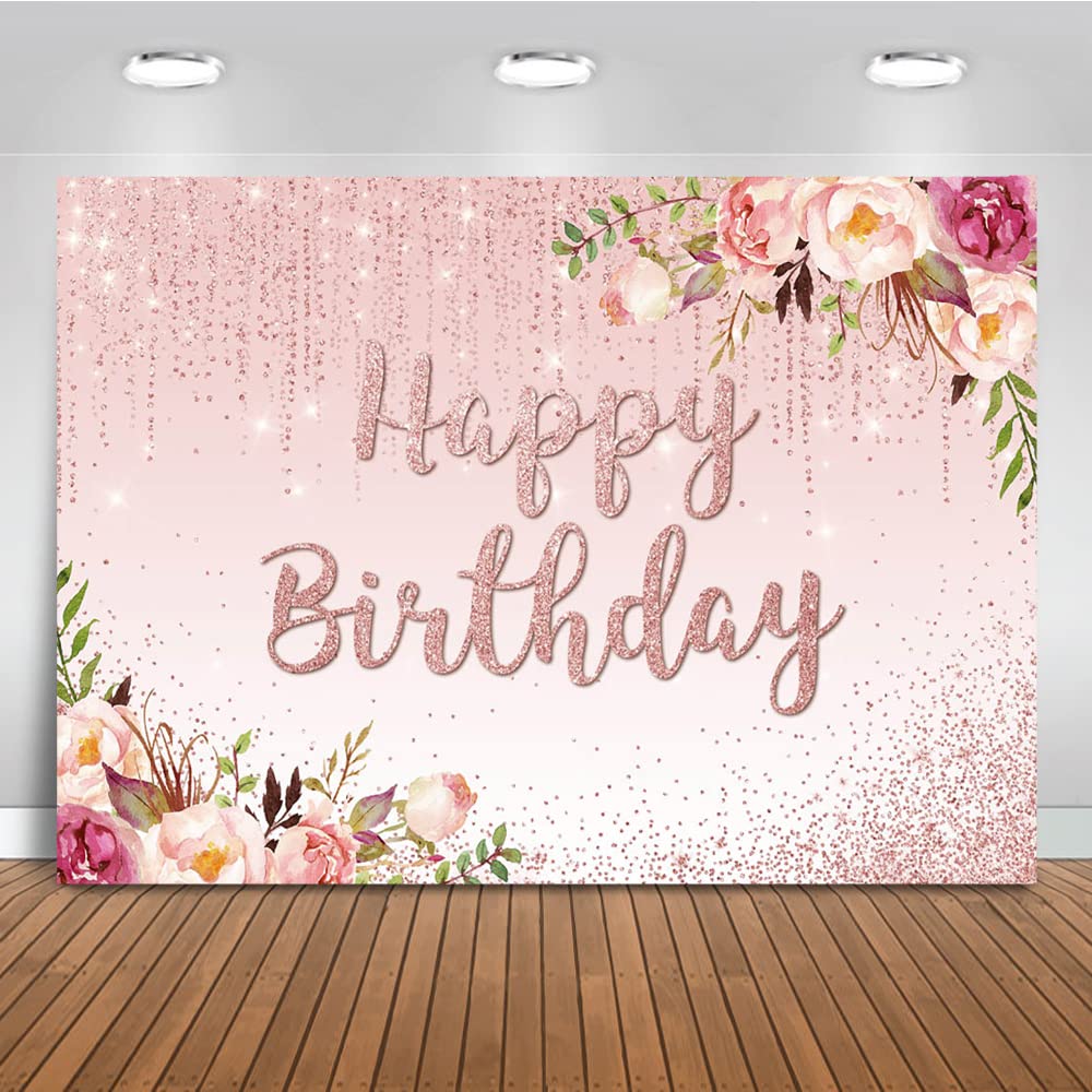 Rose Gold Floral Birthday Backdrop with Pink Glitter Dots - 7x5ft Photo Booth Background for Women's Birthday Party Decorations, Baby Shower & Bridal Shower Decor