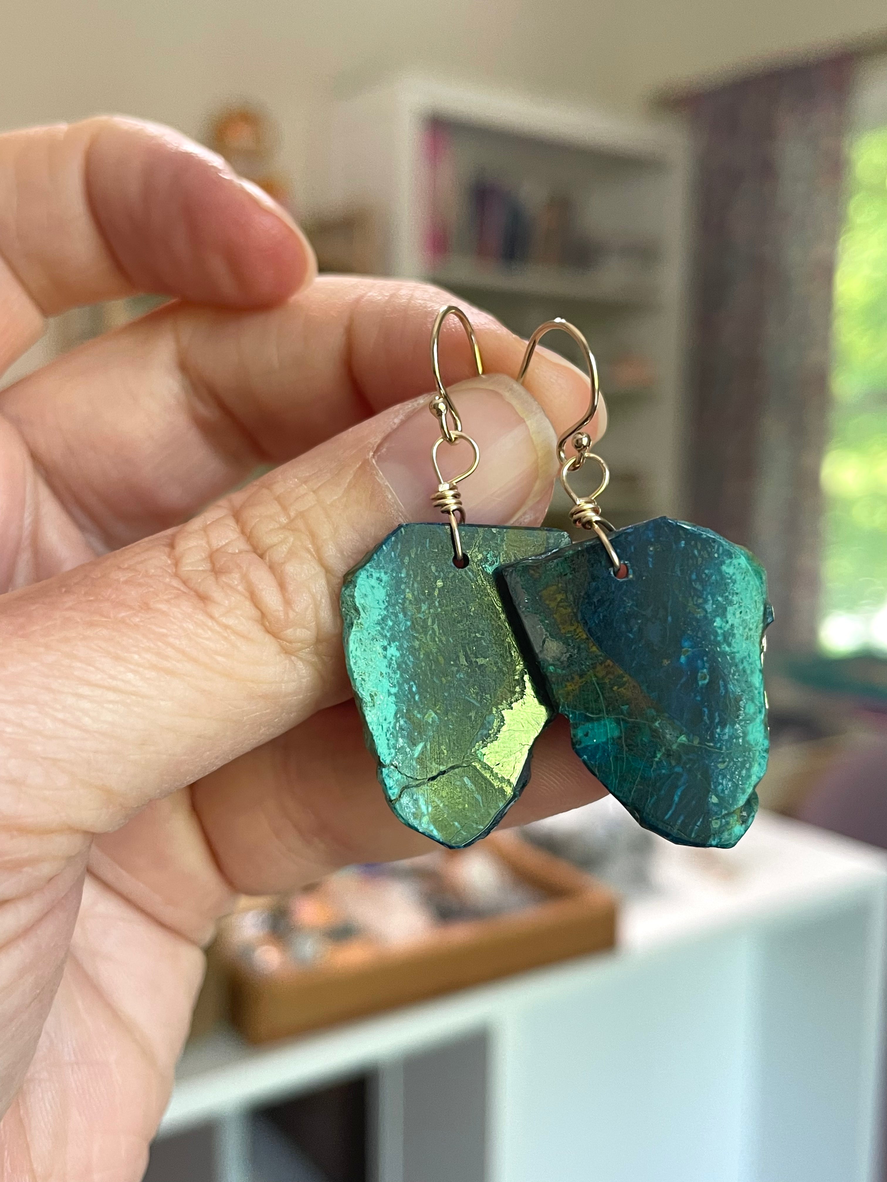 Chrysocolla Gold Filled Statement Crystal Gemstone Earrings for Women - Elegant Dangle Drop Earrings for Party, Wedding & Special Occasions