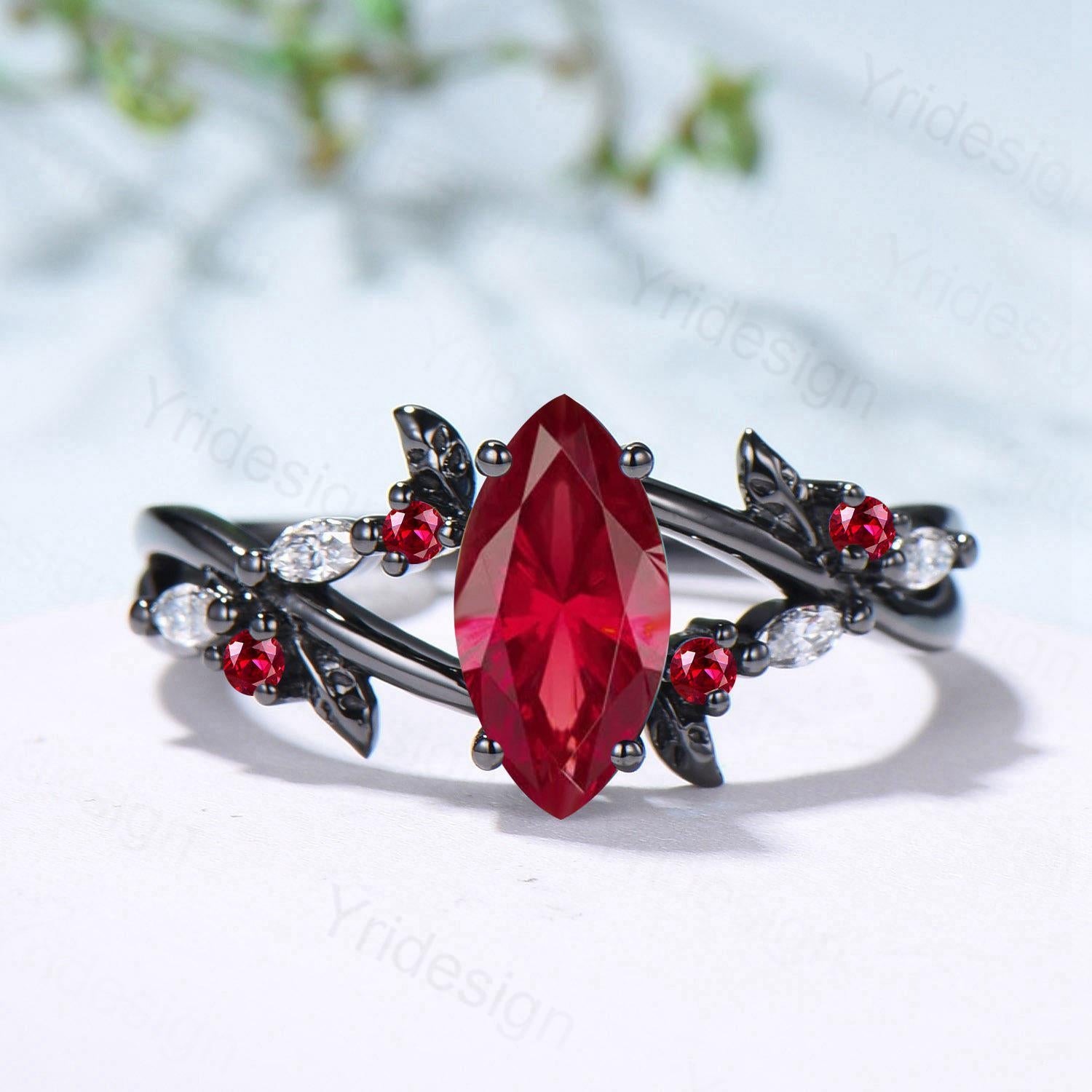 Unique Black Gold Ruby Ring with Natural Marquise Cut Ruby & Moissanite Leaves – Gothic Inspired Engagement & Wedding Ring for Women | Perfect for Vintage, Gothic, and Boho Bridal Jewelry