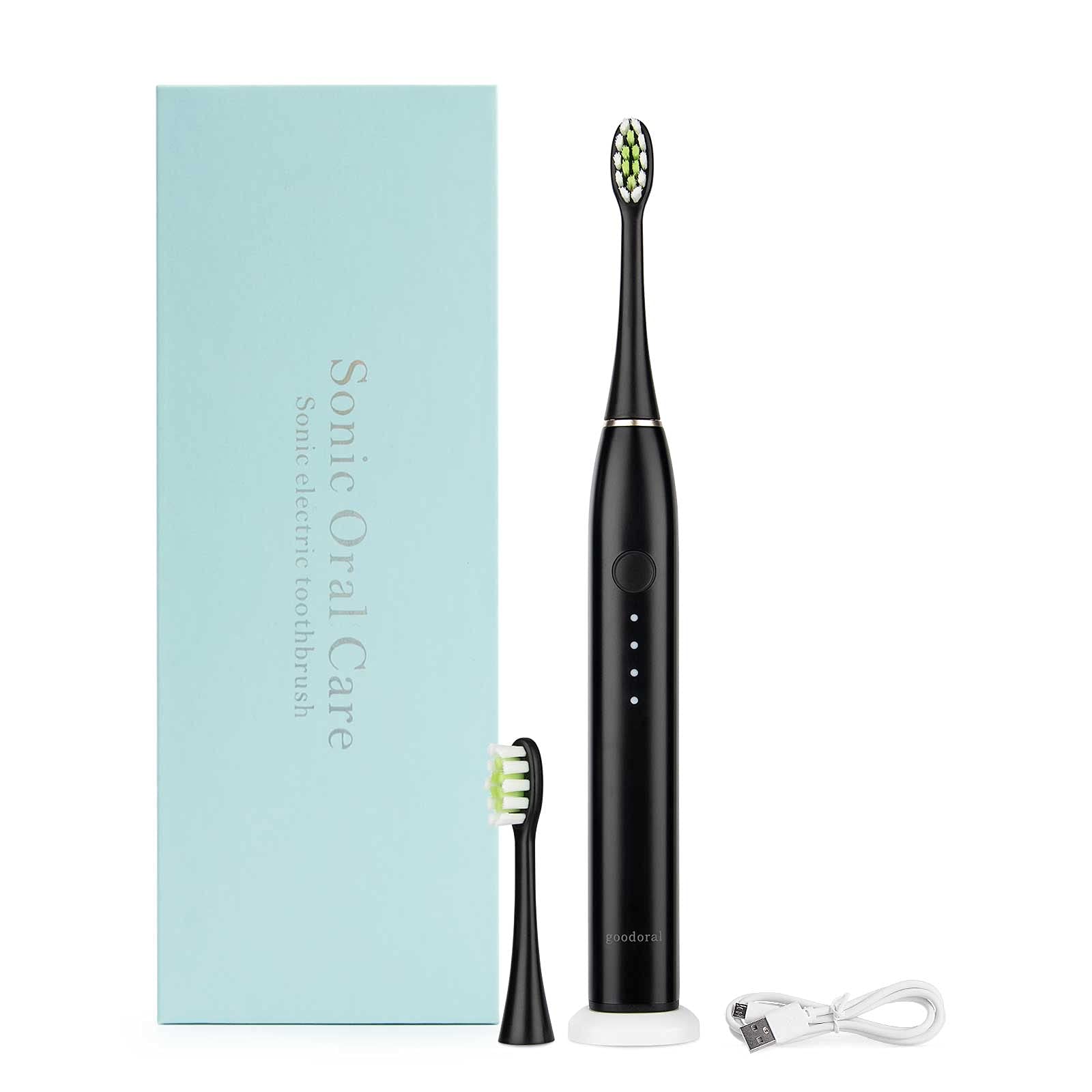 Goodoral Sonic Electric Toothbrush - Rechargeable Waterproof Toothbrush with 2 Brush Heads for Adults & Kids, Powerful Deep Cleaning, Black | Perfect for Travel, Home & Family Oral Care