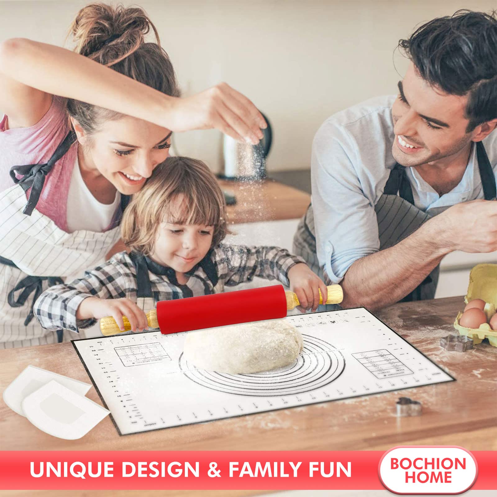 Non-Stick Silicone Rolling Pin with Wooden Handle - 17 Inch Professional Dough Roller for Pastry, Pizza & Fondant | Includes Smooth Baking Mat | Perfect Kitchen Gift for Bakers & Home Cooks | Ideal for Baking, Cookie Making & Cake Decorating