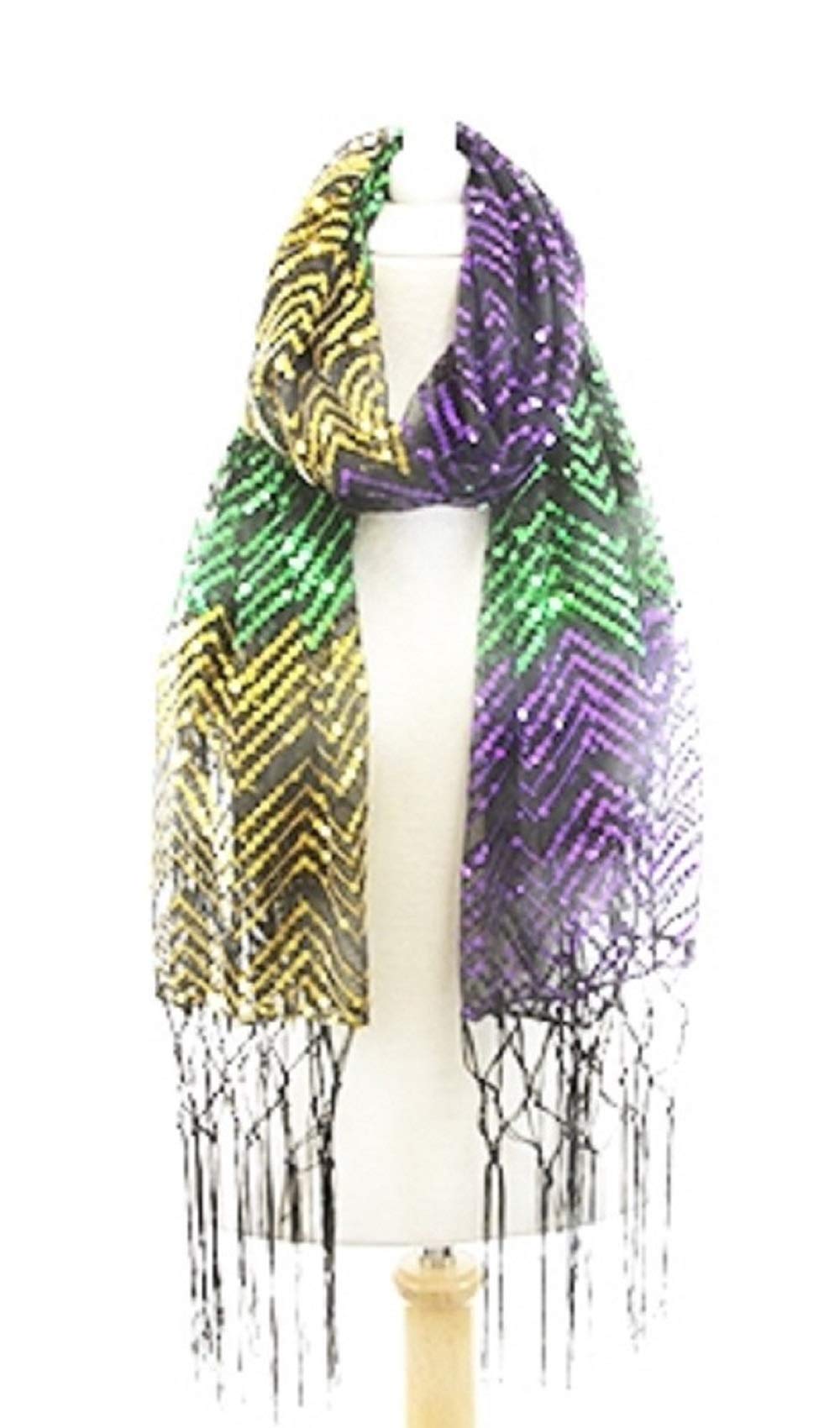 Purple Green Gold Mardi Gras Fleur De Lis Sequined Shawl - Elegant Fringed Scarf for Masquerade Costume & Party Decor | Perfect for Carnival, Table Runner, and Festive Celebrations