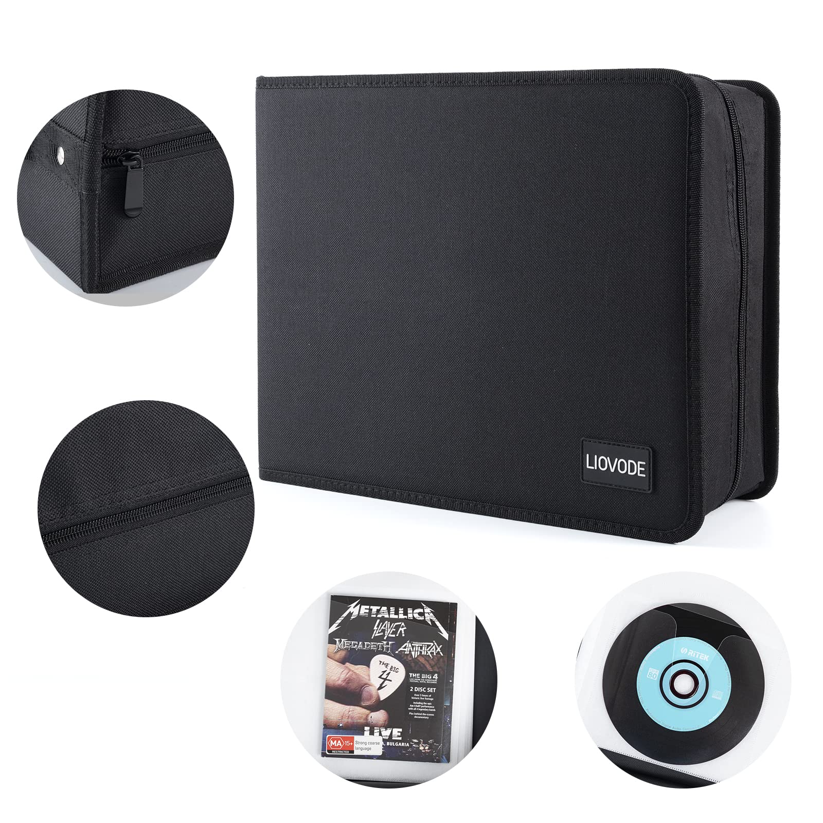 LIOVODE 200 DVDs & 100 Booklets Storage Case - CD DVD Organizer with Booklet Inserts - Compact Media Holder for Home, Car & Office - Perfect for Movie Collections, Music CDs & Video Game Discs