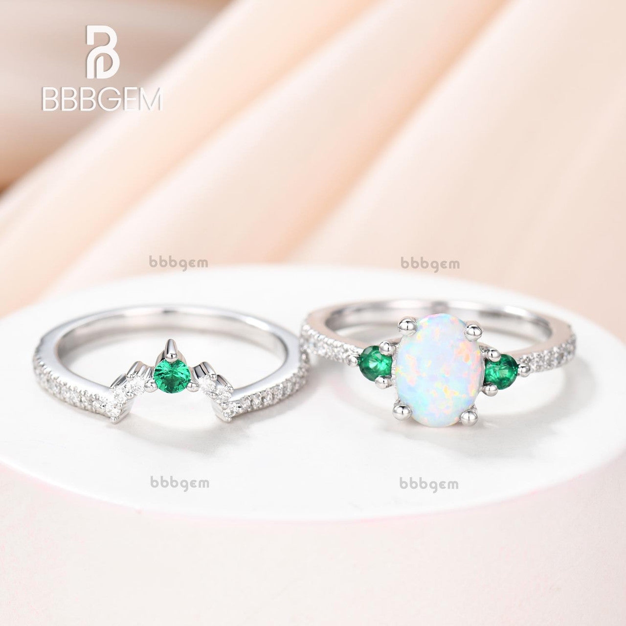 Antique Diamond & Emerald Engagement Ring Set with Lab Opal Bridal Wedding Band - Vintage Style for Bridal Jewelry, Wedding Proposal & Anniversary Gifts