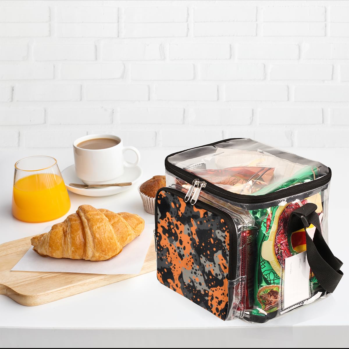 Military Camouflage Orange Black Clear Tote Bag with Handles - Transparent Crossbody Shoulder Bag for Outdoor, Travel, Picnic, Concerts & Sports Events - Stadium Approved Lunch Bag - Durable & Stylish for Camping, Beach & Shopping