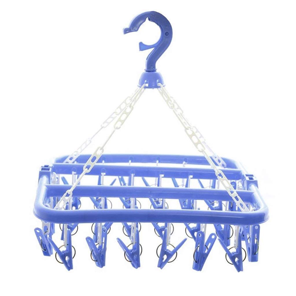 JEONSWOD 32 Clips Folding Socks Clothes Hanger Rack - Space Saving Laundry Drying Organizer for Socks, Underwear & Delicates (Blue/Green/Pink) - Perfect for Small Apartments, Dorms & Travel