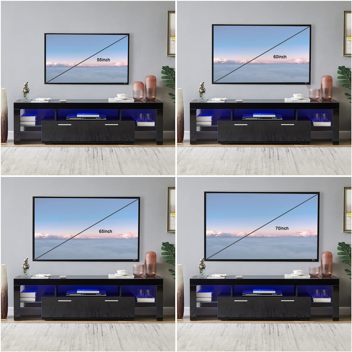 Upgrade LED TV Stand for 65 Inch TVs - 20 Minute Quick Assembly Black Entertainment Center with Storage Cabinet & LED Lights - High Gloss Media Console Table for Living Room - Perfect for Movie Nights & Gaming Setup