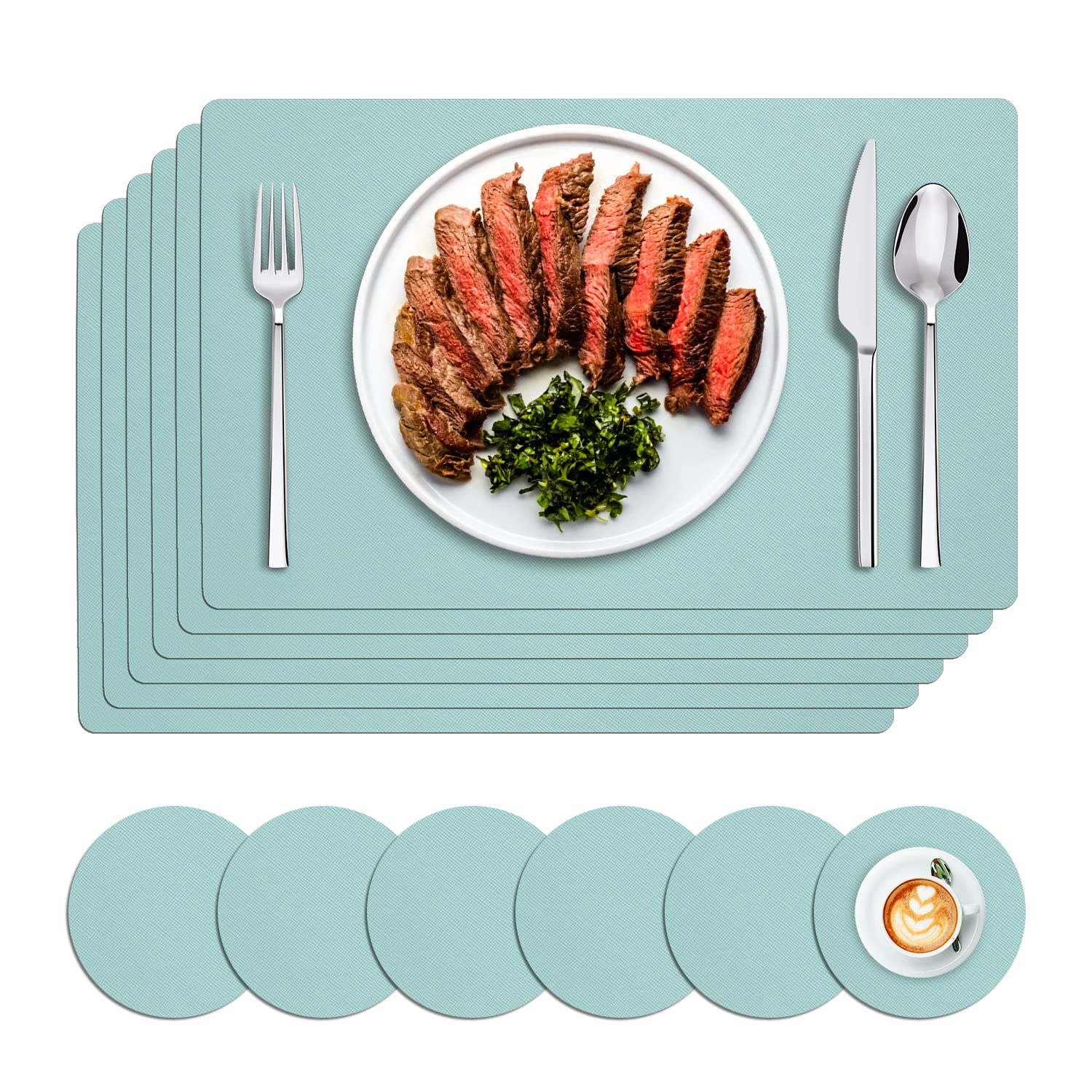Premium Non-Slip Leather Place Mats Set of 6 with Matching Coasters - Heatproof, Washable Rectangle Table Mats for Dining Table, Kitchen Counter & Outdoor Patio - Light Blue Chilewich Style Placemats for Everyday Use & Entertaining