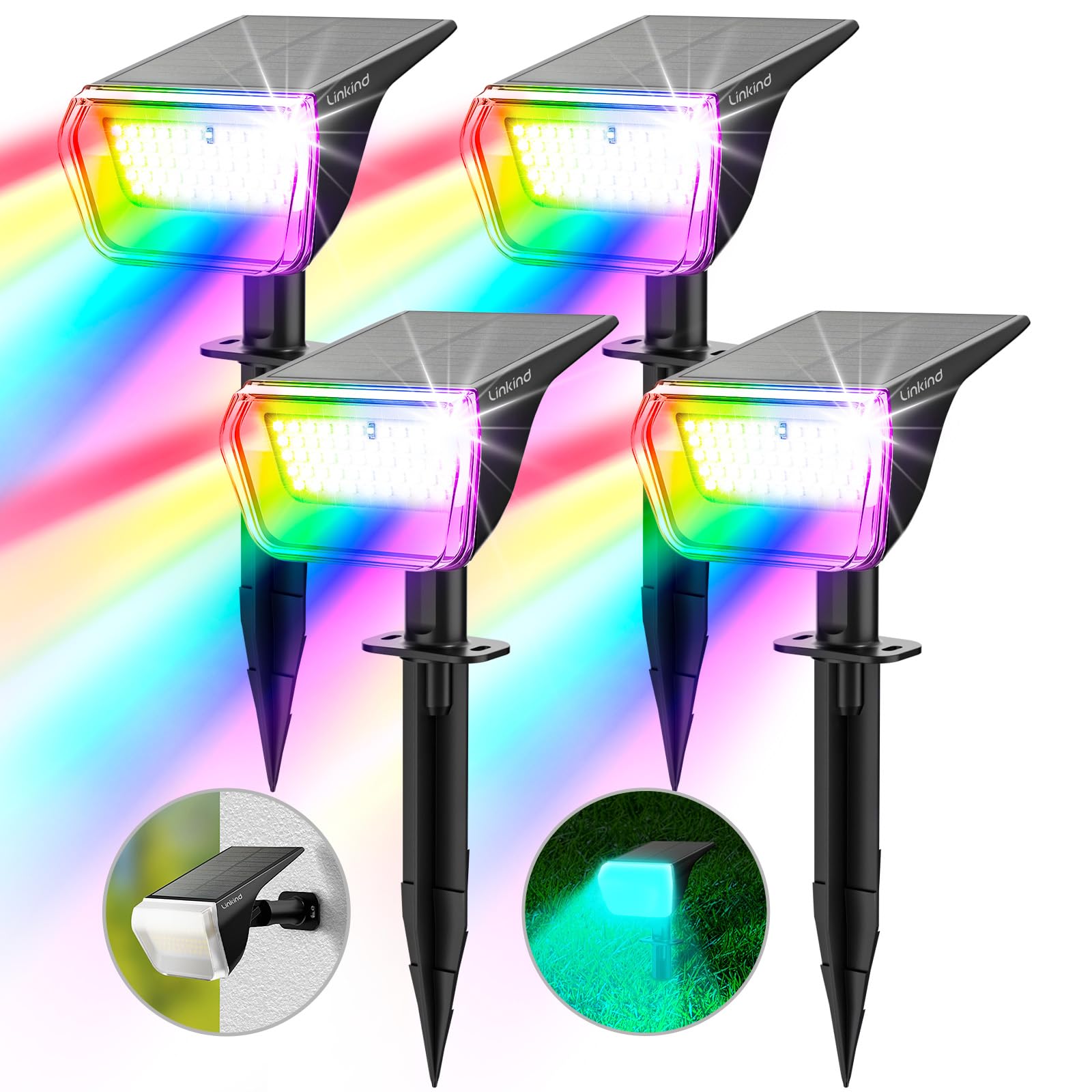 Linkind Solar Spot Lights Outdoor - 10 Color Changing LED Solar Lights with Waterproof IP67, 4 Pack Multicolor Solar Garden Lights for Yard, Pathway, Patio & Landscape Decoration | Perfect for Garden, Lawn, Deck & Outdoor Events