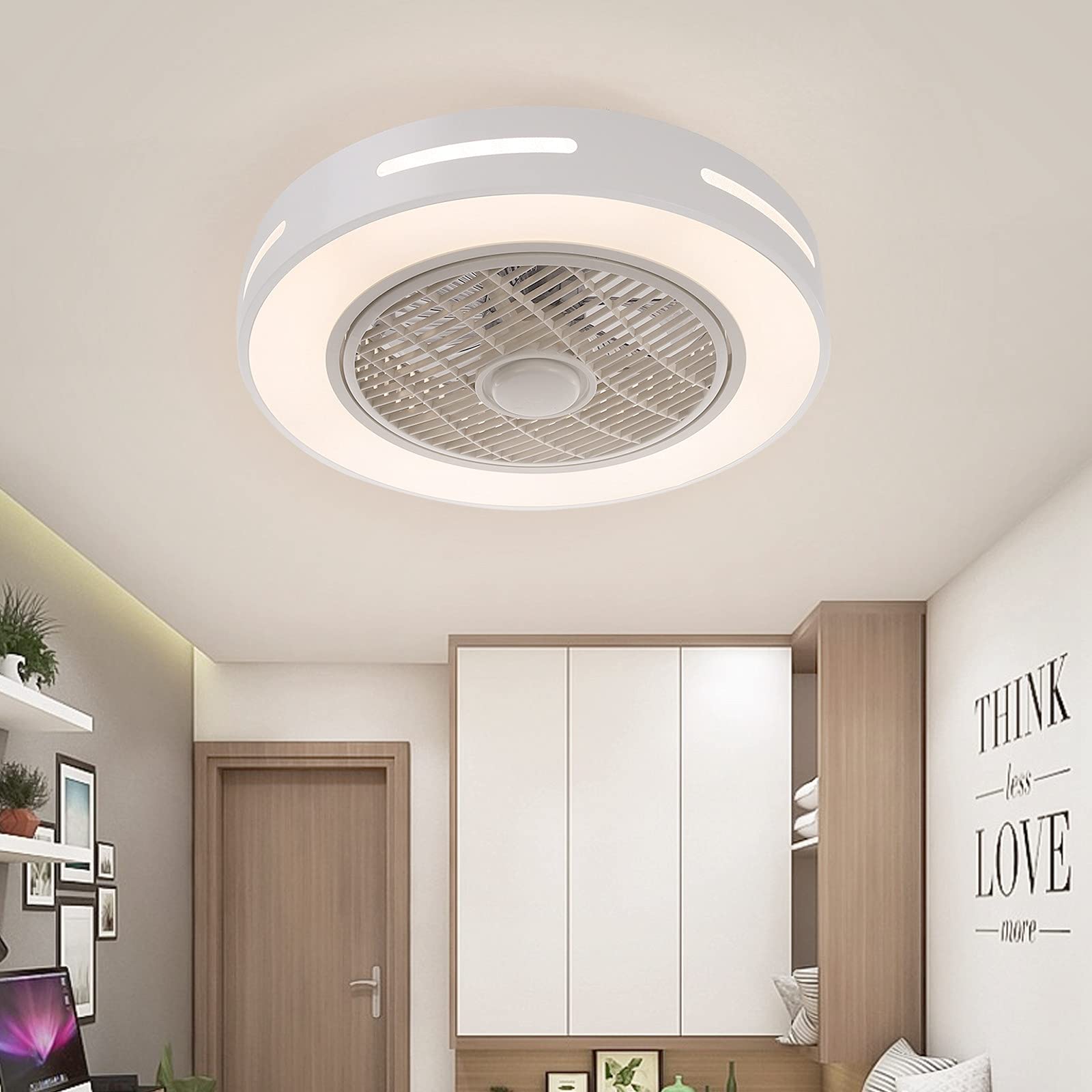 22 Inch Modern Flush Mount Ceiling Fan with LED Light & Remote Control - 3 Dimmable Lighting Modes, Invisible Acrylic Blades - Low Profile Semi-Flush Mount Fan for Bedroom, Office, Living Room & Dining Room - Energy Efficient Cooling & Stylish Home Decor