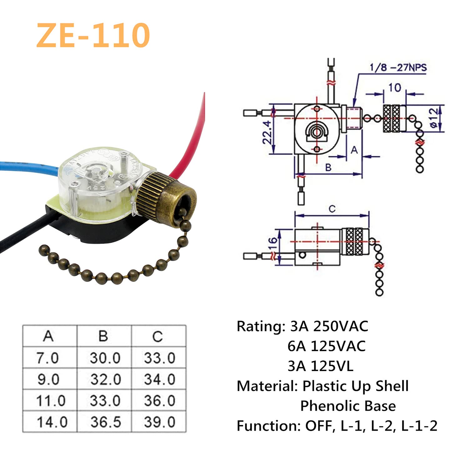 Zing Ear ZE-110 3-Wire 3-Way 2-Circuit 4-Position Ceiling Fan Speed Pull Chain Switch with Bronze Finish - Replacement for Fan Light Control - Perfect for Bedroom, Living Room & Home Office
