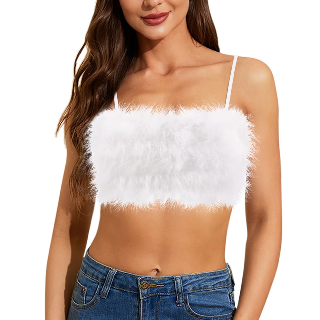 Vimoisa Women's Faux Fur Tank Top - Sexy Spaghetti Strap Crop Cami, Tight Sleeveless Tube Top Vest for Party, Club, Date Night & Winter Fashion