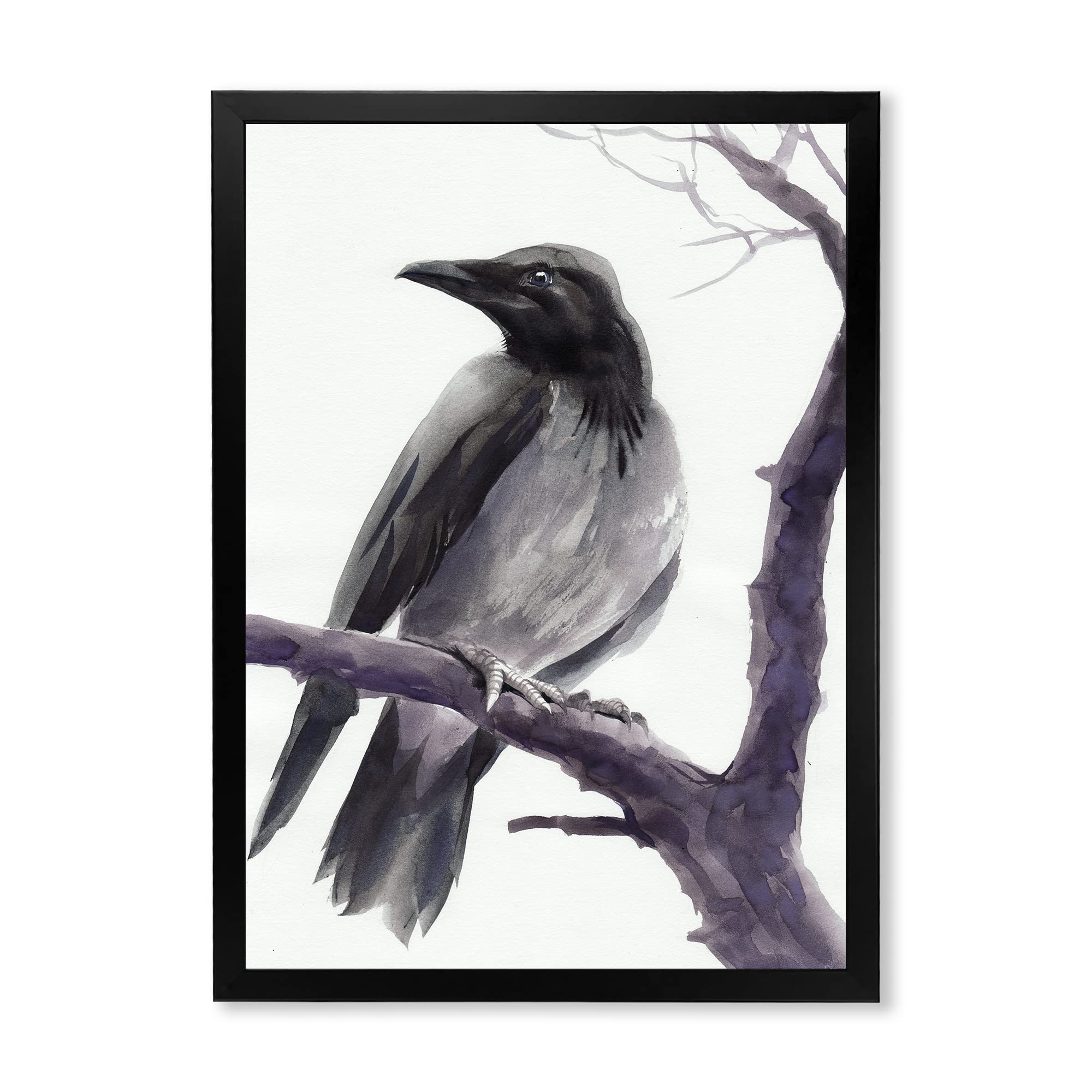 DesignQ Big Crow on a Branch Traditional Framed Wall Art - Vintage Home Decor for Living Room, Bedroom & Office