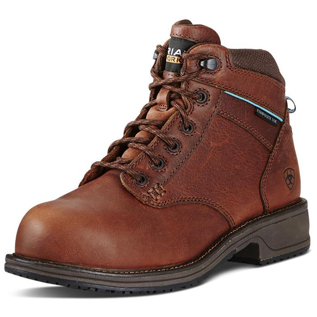 Women's Composite Toe Work Boots - Brown Mid Lace Casual Safety Shoes for Construction, Warehouse & Outdoor Work