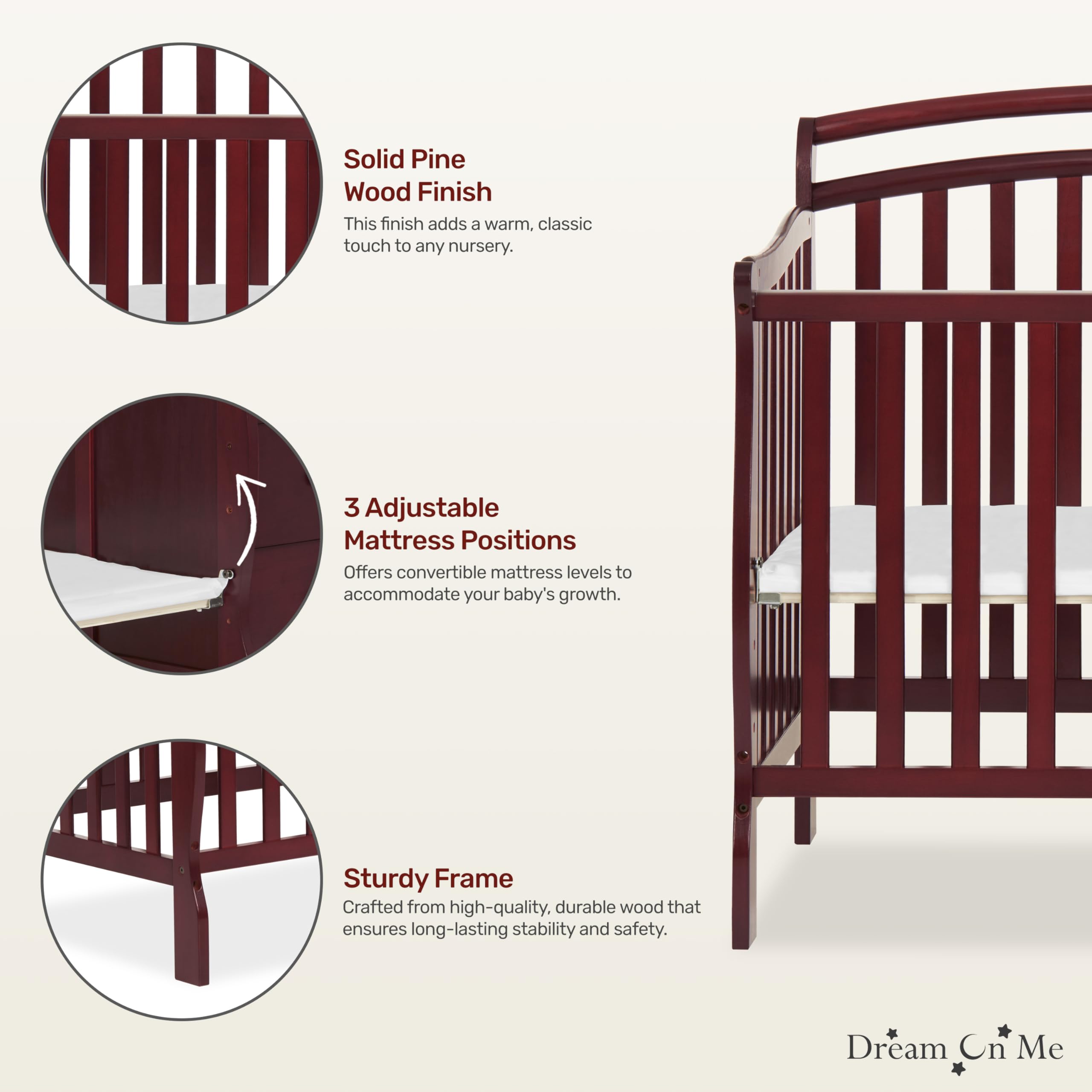 Dream On Me Casco 3-in-1 Convertible Mini Crib with Changing Table - Cherry Finish Pinewood Baby Crib with 3 Adjustable Mattress Heights | Nursery, Bedroom & Small Space Solution