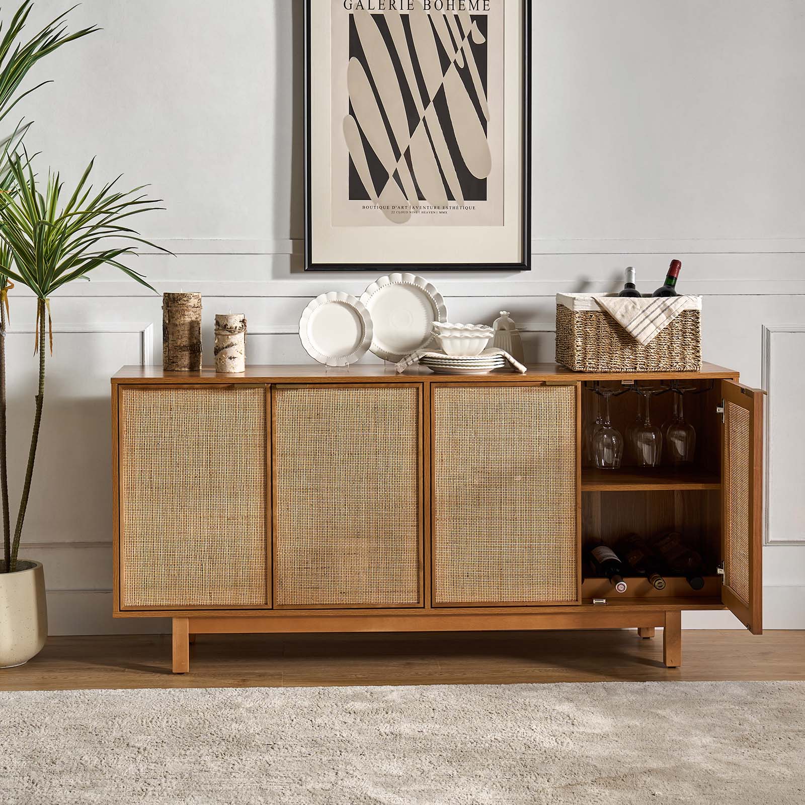 Otmar 63-Inch Wide Natural Rattan Mesh Sideboard with Storage - Multi-Purpose Buffet Cabinet for Dining Room, Living Room, or Entryway - Perfect for Home Decor and Organizing Dishes, Linens & More