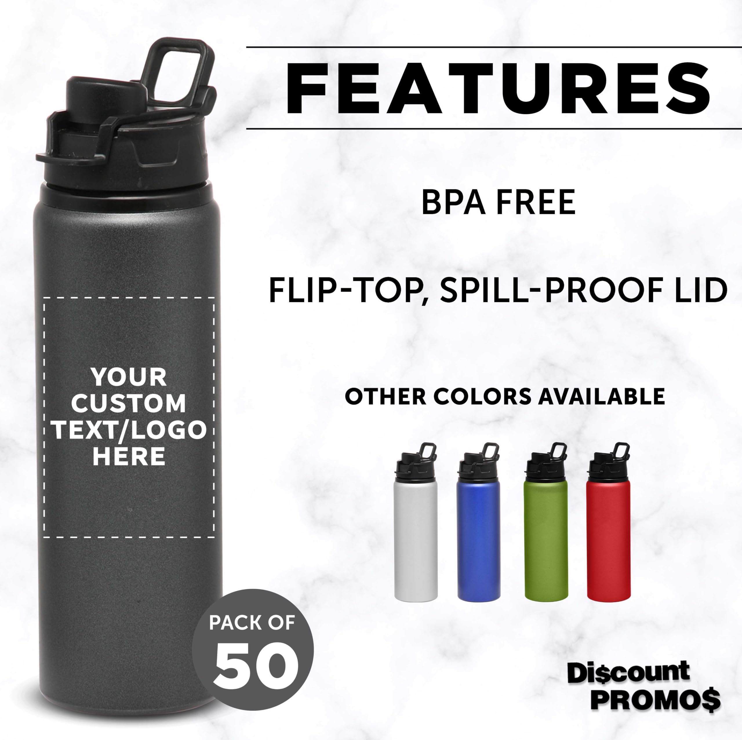 Custom 25oz Aluminum Water Bottles with Snap Lids - Bulk Pack of 50, Personalized Reusable Sports Bottles for Gym, Hiking, Cycling & School - Eco-Friendly Charcol Design | Perfect for Corporate Gifts, Team Events & Outdoor Adventures