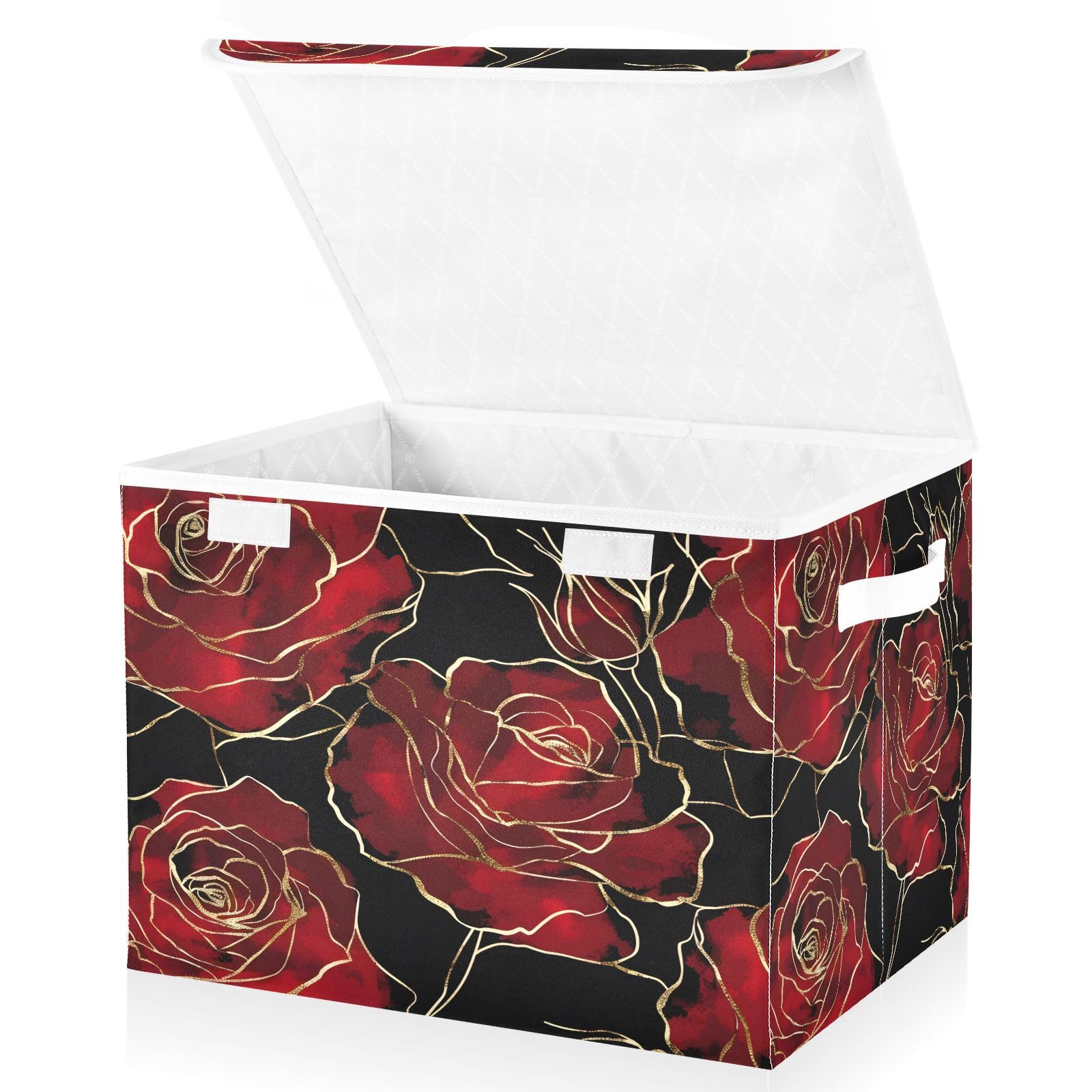 Golden Red Rose Fabric Foldable Storage Bins with Lids - Collapsible Organizer Baskets for Home, Bedroom, Closet & Office - Perfect for Clothes, Toys, Blankets & Home Organization