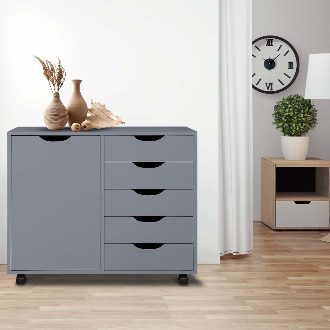 Naomi Home Amy 5-Drawer Wooden Dresser with Wheels - Gray Storage Cabinet for Bedroom, Closet & Office | 180 lbs Capacity | Craft Organizer, Makeup Vanity & File Storage Solution