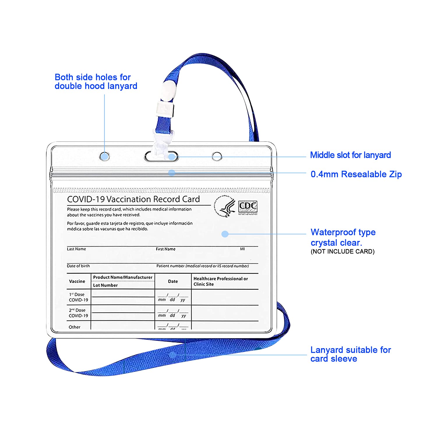 Waterproof CDC Vaccine Card Holder 3x4 with Lanyard - Travel & Medical Use