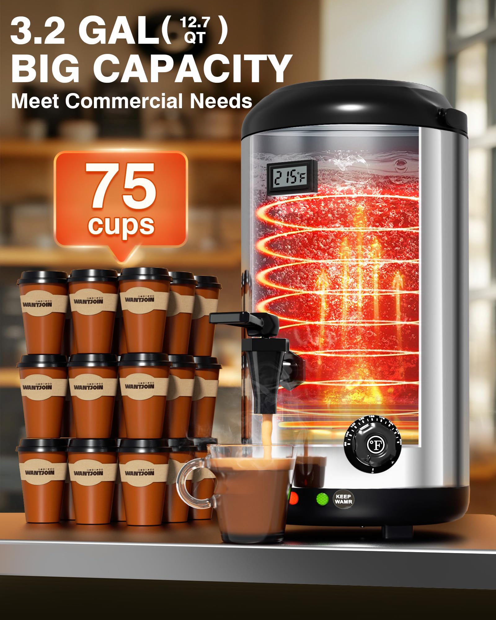 WantJoin 12L/3.2 Gallon Stainless Steel Electric Beverage Dispenser - Hot & Cold Water Urn with Spigot for Coffee, Tea, Milk, Juice - Perfect for Offices, Cafes, Parties and Events (Silver)