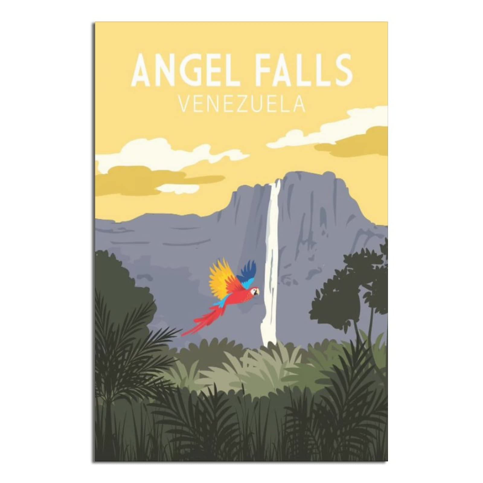 Vintage Venezuela Travel Poster - Angel Falls & Macaw Wall Art, 12x18 Inches (30x45cm) Canvas Painting for Home & Office Decor | Perfect for Living Room, Bedroom or Travel Theme Decorations
