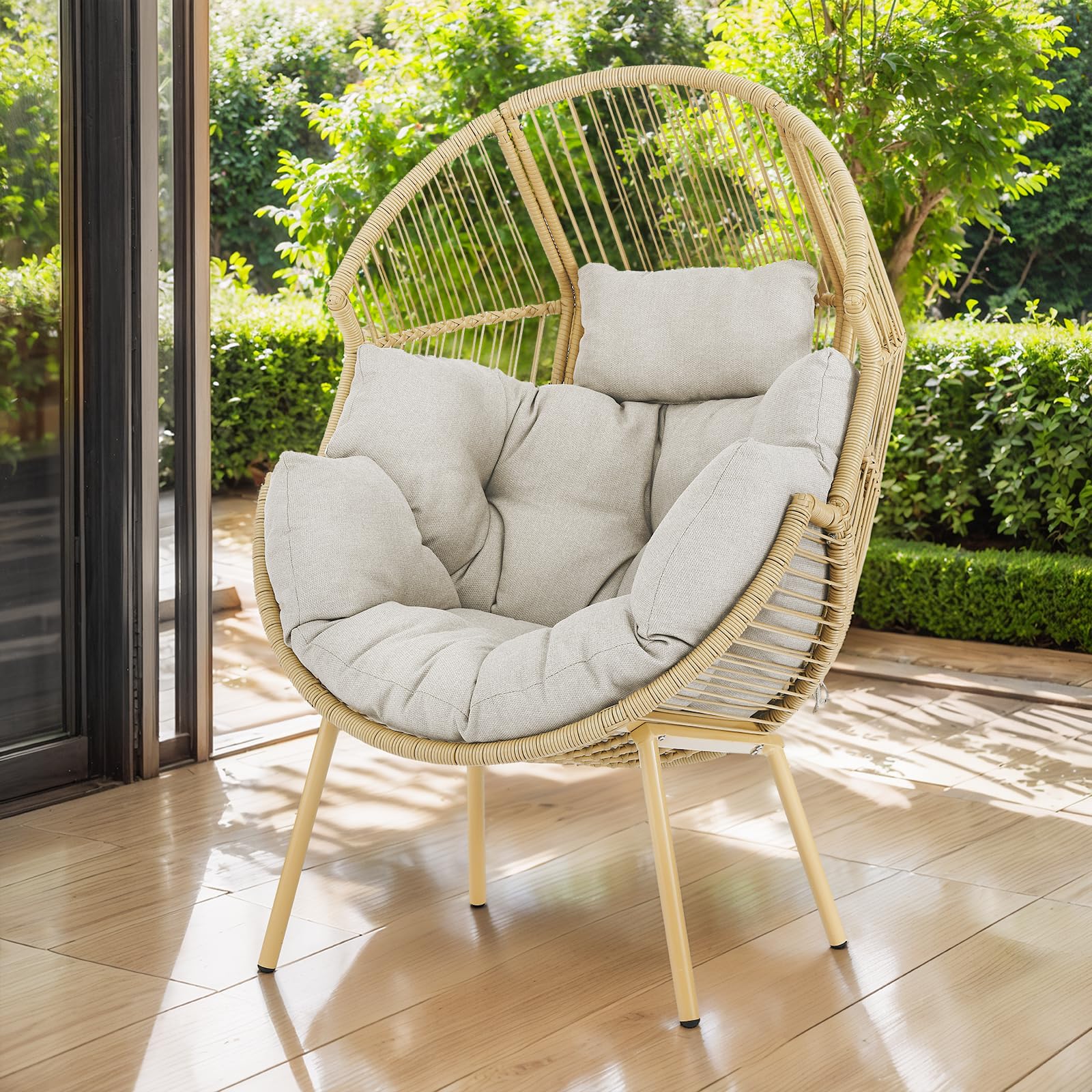Outdoor Wicker Egg Chair - 300 lbs Weight Capacity Hanging Patio Swing Chair with Waterproof Cushion for Porch, Balcony, Sunroom & Backyard - Yellow Rattan with Beige Cushion - Perfect for Relaxing, Reading & Sunbathing