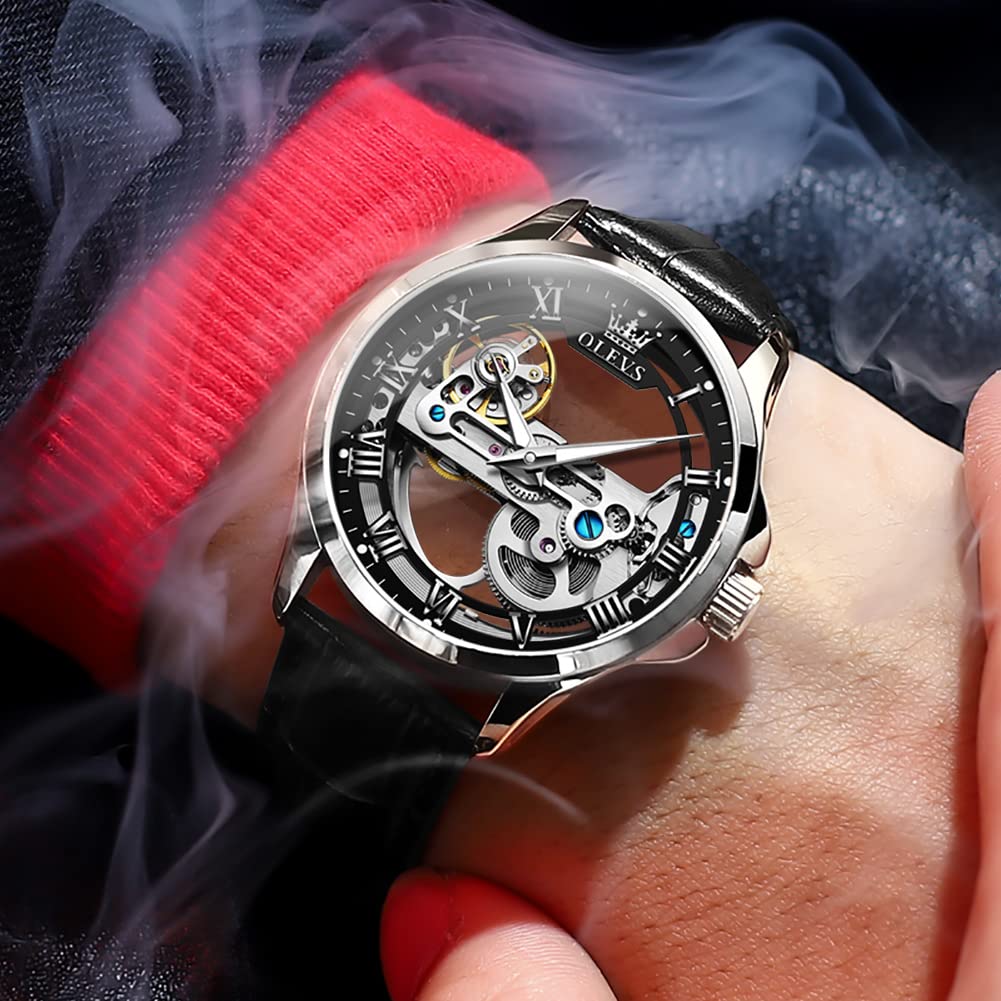 OLEVS Men's Automatic Skeleton Watch - Self-Winding Mechanical Dress Watch with Leather Strap, Waterproof & Luminous - Luxury Wristwatch for Business, Formal & Casual Wear
