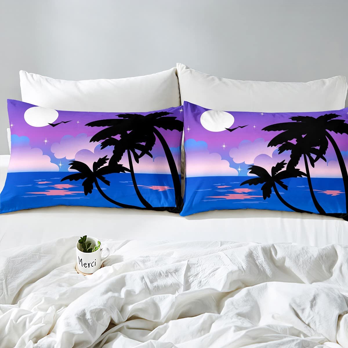 Erosebridal Tropical Palm Leaf Queen Size Bedding Set - Blue Ocean Beach Theme Fitted Sheet, Flat Sheet & 2 Pillowcases for Kids, Teens & Adults | Perfect for Coastal, Boho & Vacation Home Decor