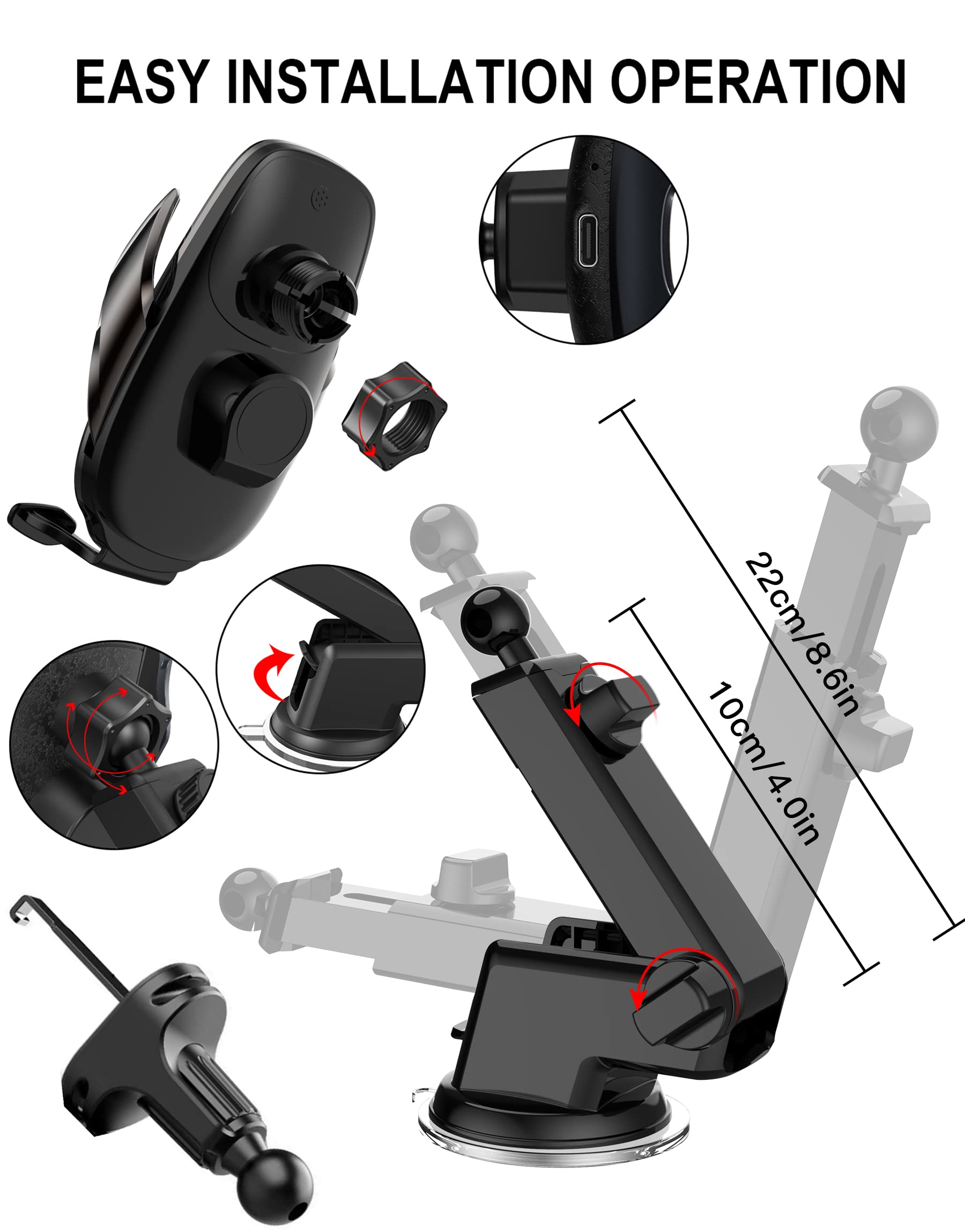 Fast Charging 15W Wireless Car Phone Holder - Auto Clamping Qi-Certified Charger Mount for iPhone 15/14/13/12 & Samsung Galaxy S23/S22 (All Qi-Enabled Phones) | Perfect for Road Trips & Commuting