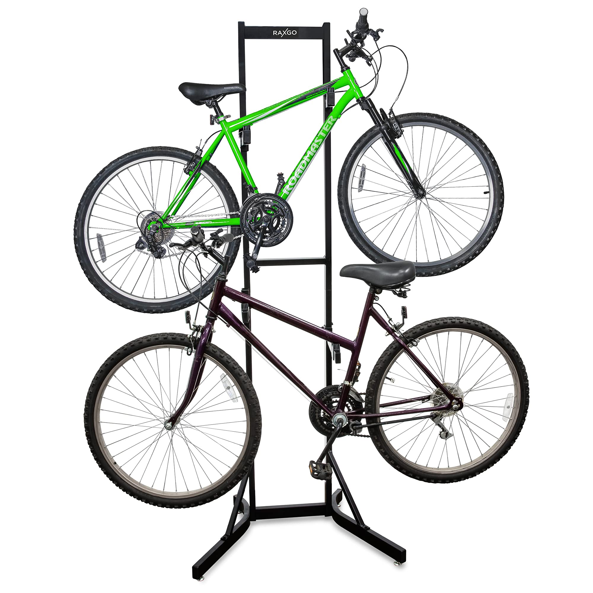 RaxGo Foldable Bike Storage Rack - Freestanding 2 Bike Stand with Adjustable Hooks for Mountain & Road Bicycles - Space Saving Garage & Indoor Bike Organizer - Perfect for Home, Apartment, and Small Space Storage Solutions