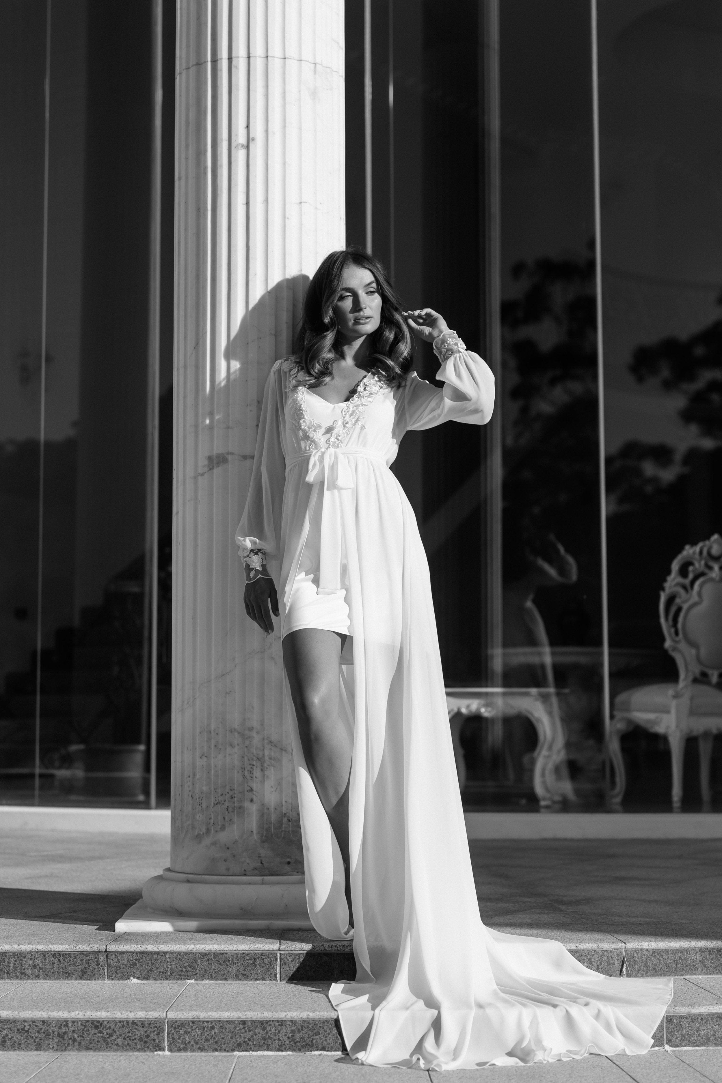 Arianna Beaded Floral Lace Maxi Bridal Robe with Train & Slip - Elegant Wedding Gown for Bridal Shower, Photoshoot & Reception - Perfect for Bride, Bridesmaids & Special Occasions
