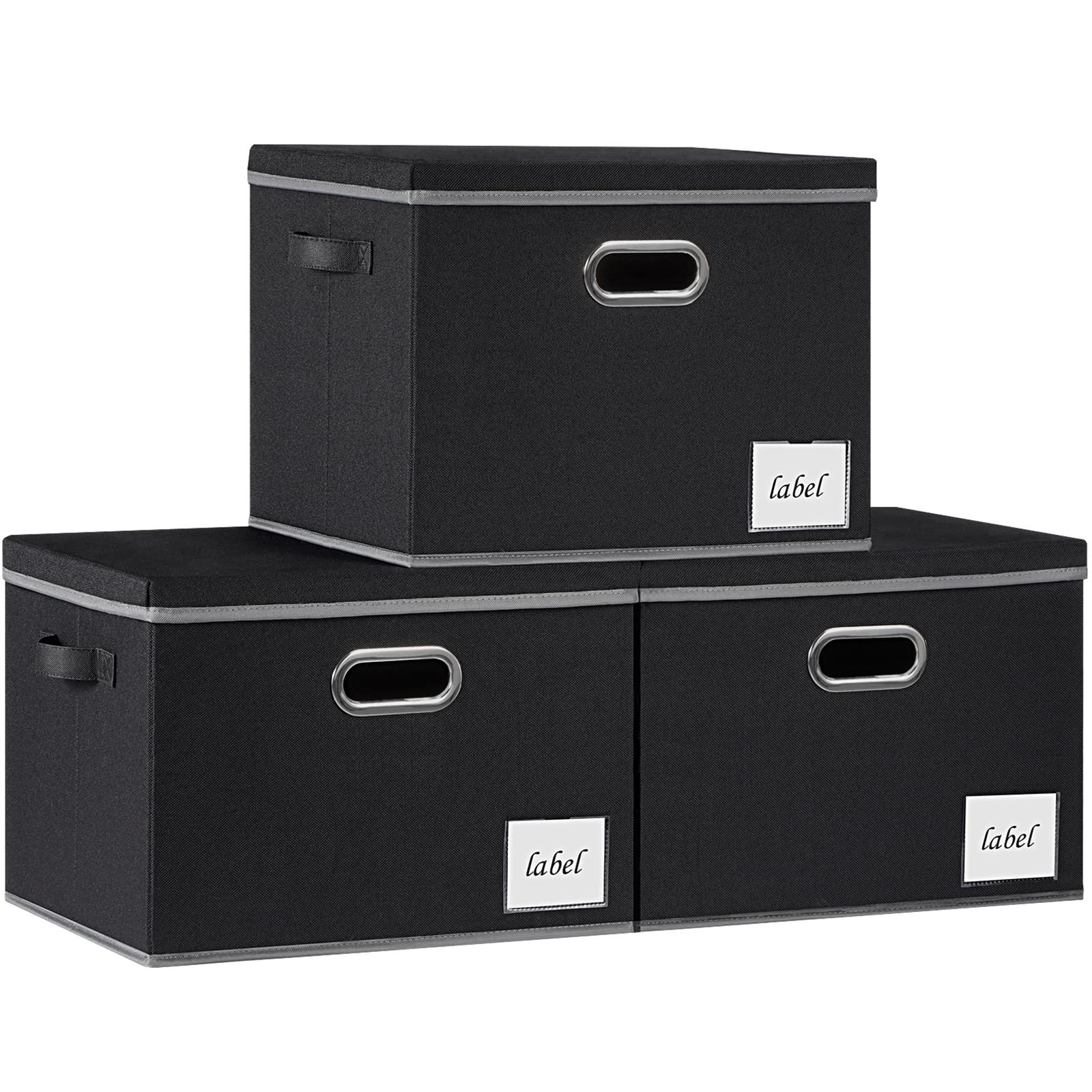 Extra Large Foldable Storage Bins with Lids - Heavy Duty Fabric Storage Baskets with 3 Handles & Labels for Closet, Home, Bedroom, Office Organization - Perfect for Seasonal Clothes, Toys & Household Items (Black)