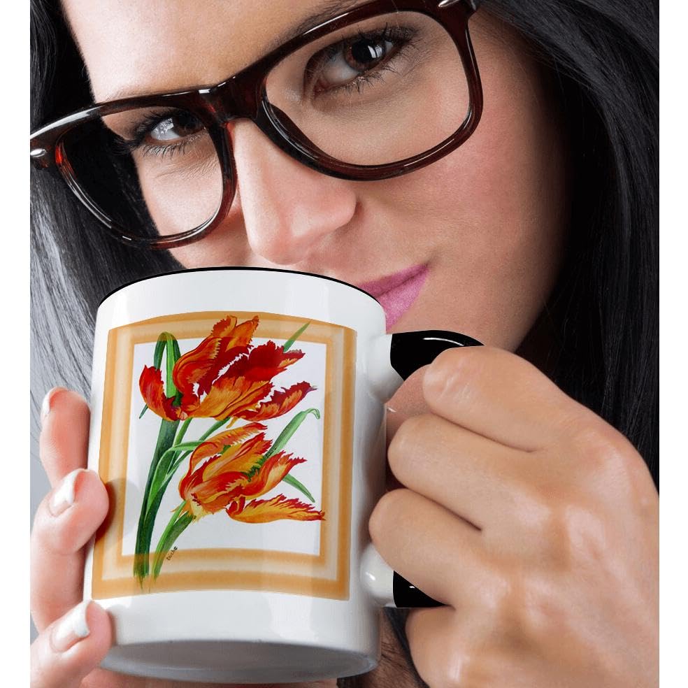 3D Rose 15oz Coffee Mug with Parrot Tulips Floral Painting - Elegant Red Orange Yellow Tulip Design - Funny Coffee Cup Gift for Home, Office & Tea Lovers