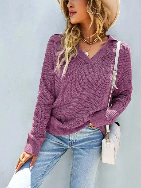 Women's V-Neck Polo Sweater Top - Soft & Stylish Knit Pullover for Casual Wear, Office & Layering