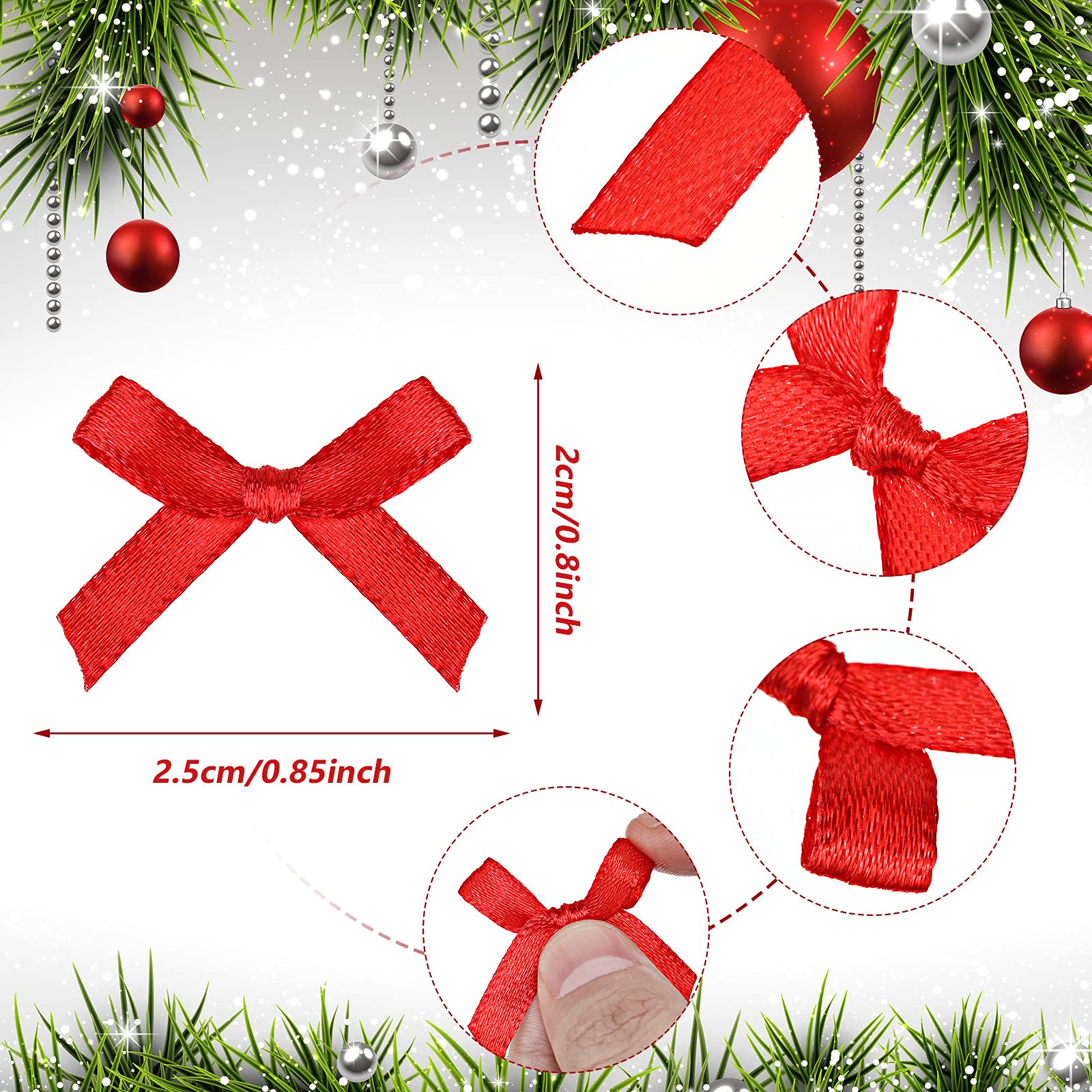 Christmas Mini Satin Bows - 200pcs for DIY Crafts & Wreaths (Red/Green/Silver) - Perfect for Holiday Decorations