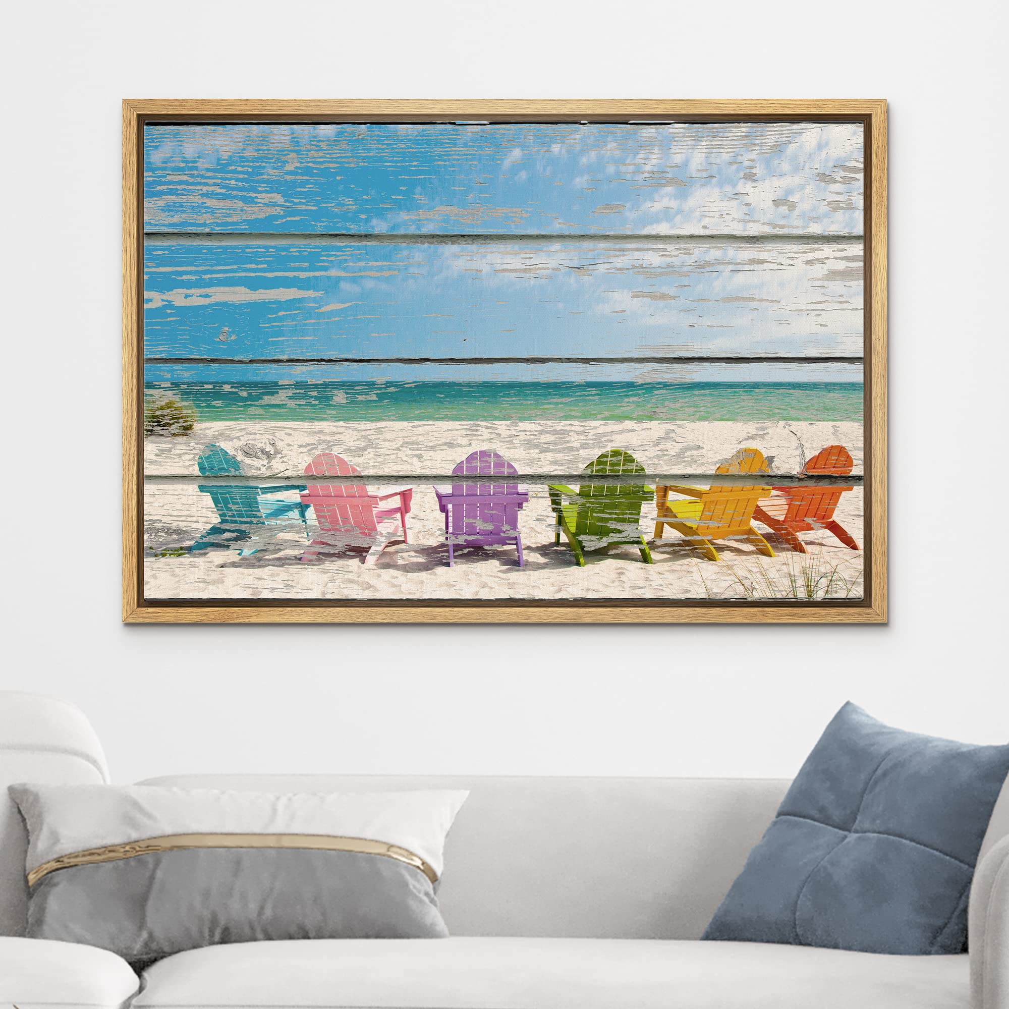 Wall26 Framed Canvas Print - Rainbow Beach Chairs Ocean Scenery Wall Art, 24x36 Inch Wood Panel Photography for Living Room, Bedroom & Office Decor | Coastal Home Decor, Beach House Wall Art, Nautical Theme Interior Design