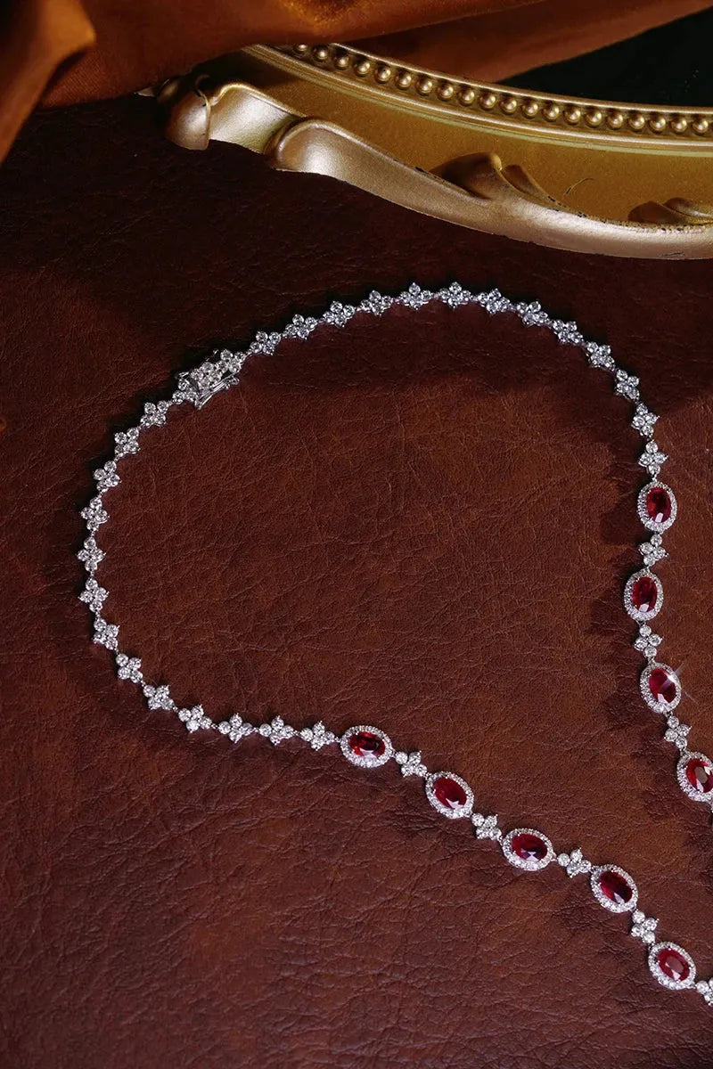 18K White Gold Diamond and Ruby Necklace for Women - Luxury Shiny Design with Natural Stones - Perfect for Parties, Weddings & Special Occasions