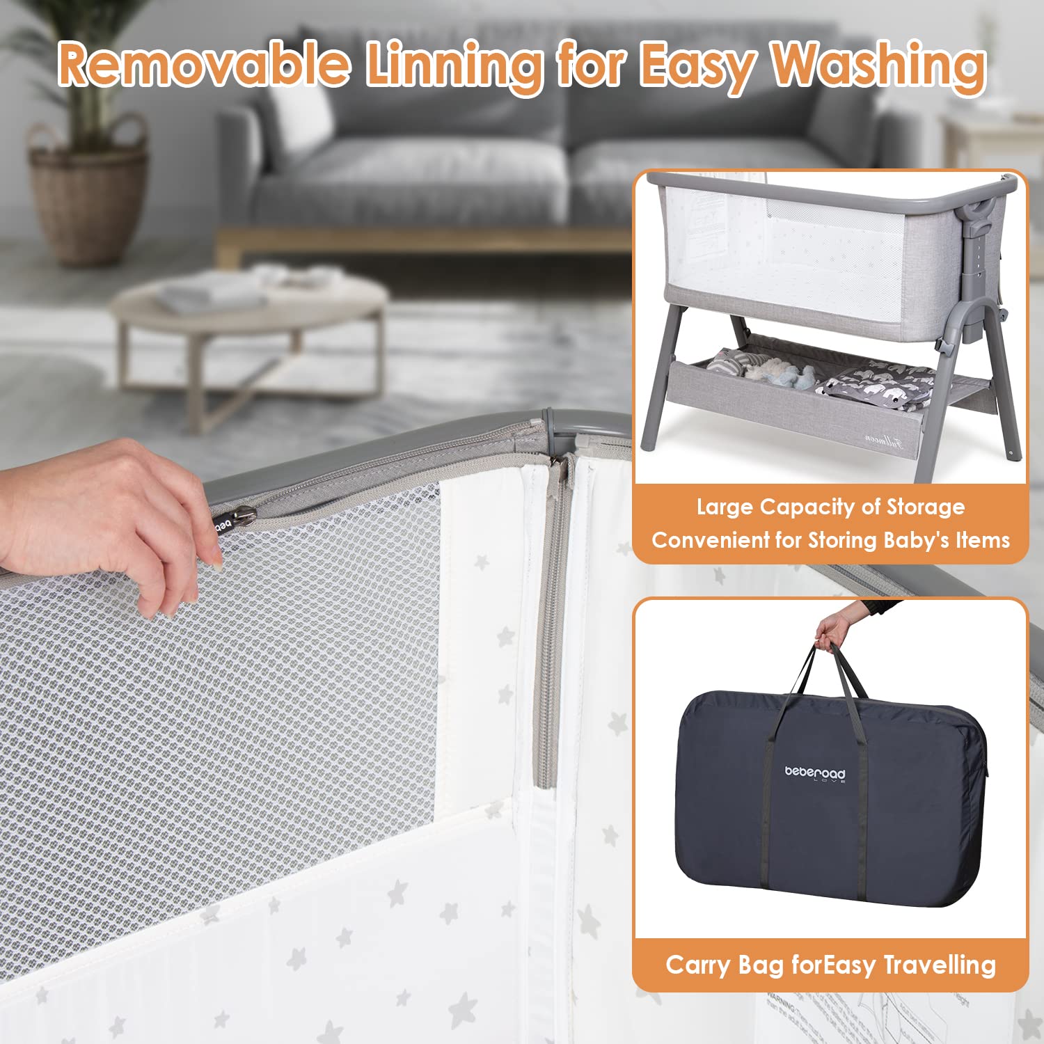 **Beberoad Portable Baby Bassinet & Bedside Sleeper - Lightweight Adjustable Crib for Newborns & Infants (6 Height Settings, Includes Mattress, Wheels, Storage Basket & Travel Bag) - Perfect for Nursery, Bedroom & Travel - Light Grey**