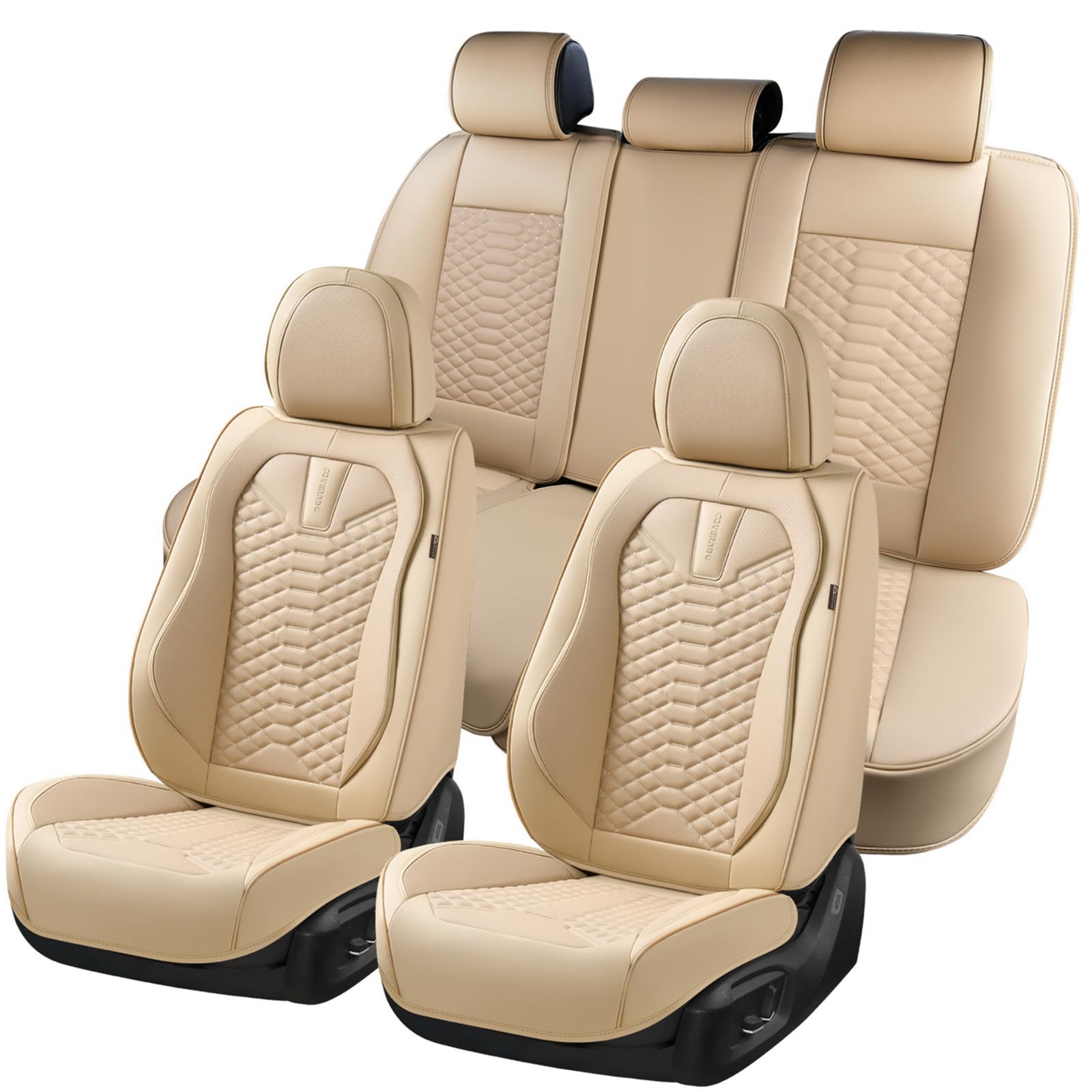 Premium Nappa Leather Car Seat Covers Full Set - Waterproof 5-Seat Universal Front & Back Protectors for Most Vehicles (Beige) | Ideal for Family Cars, SUVs & Daily Commuting